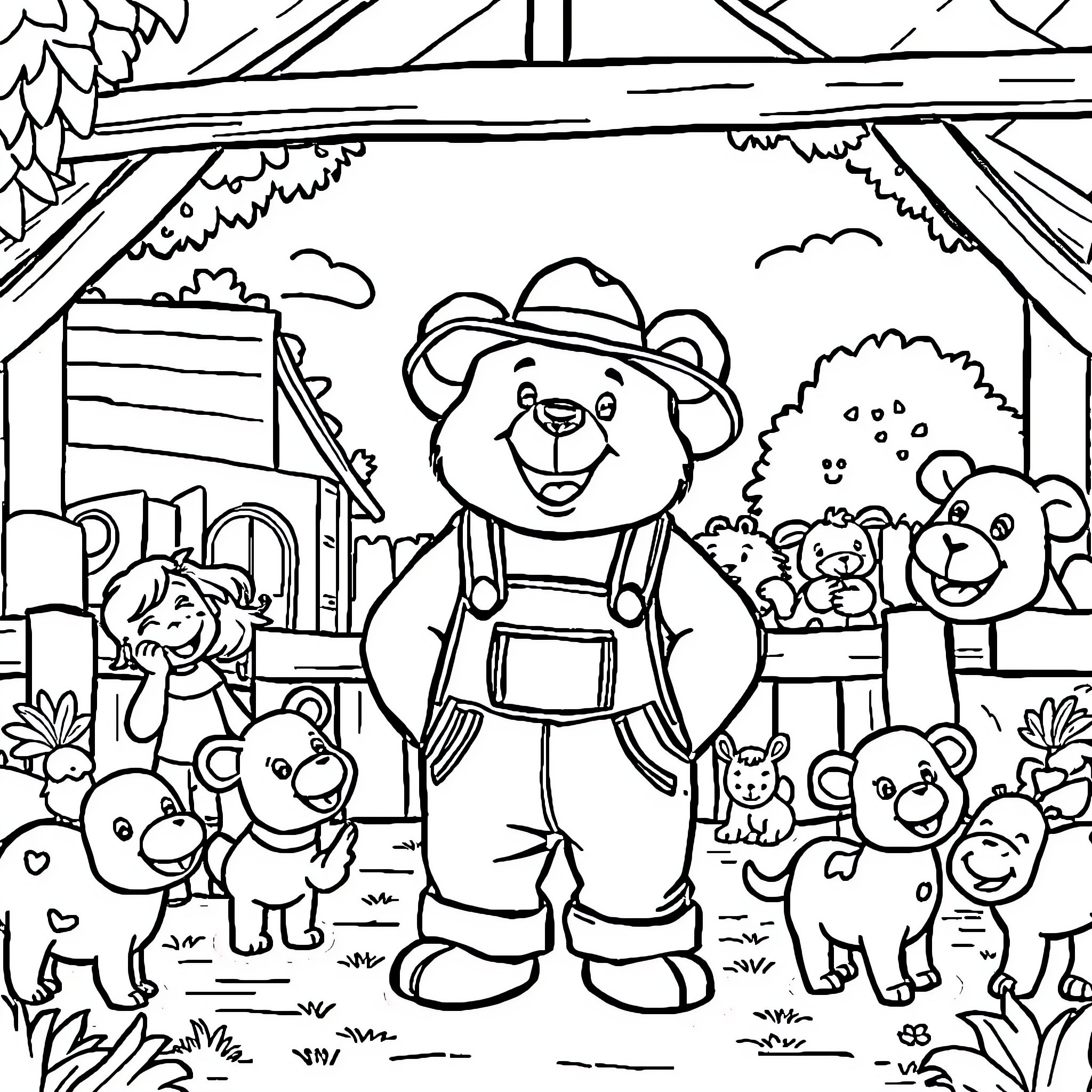 Bear Farmer Surrounded by Furry Friends on the Farm Coloring Page (free black-and-white line drawing printable PDF for all, from beginners to advanced learners, including children, teens, adults, and seniors)