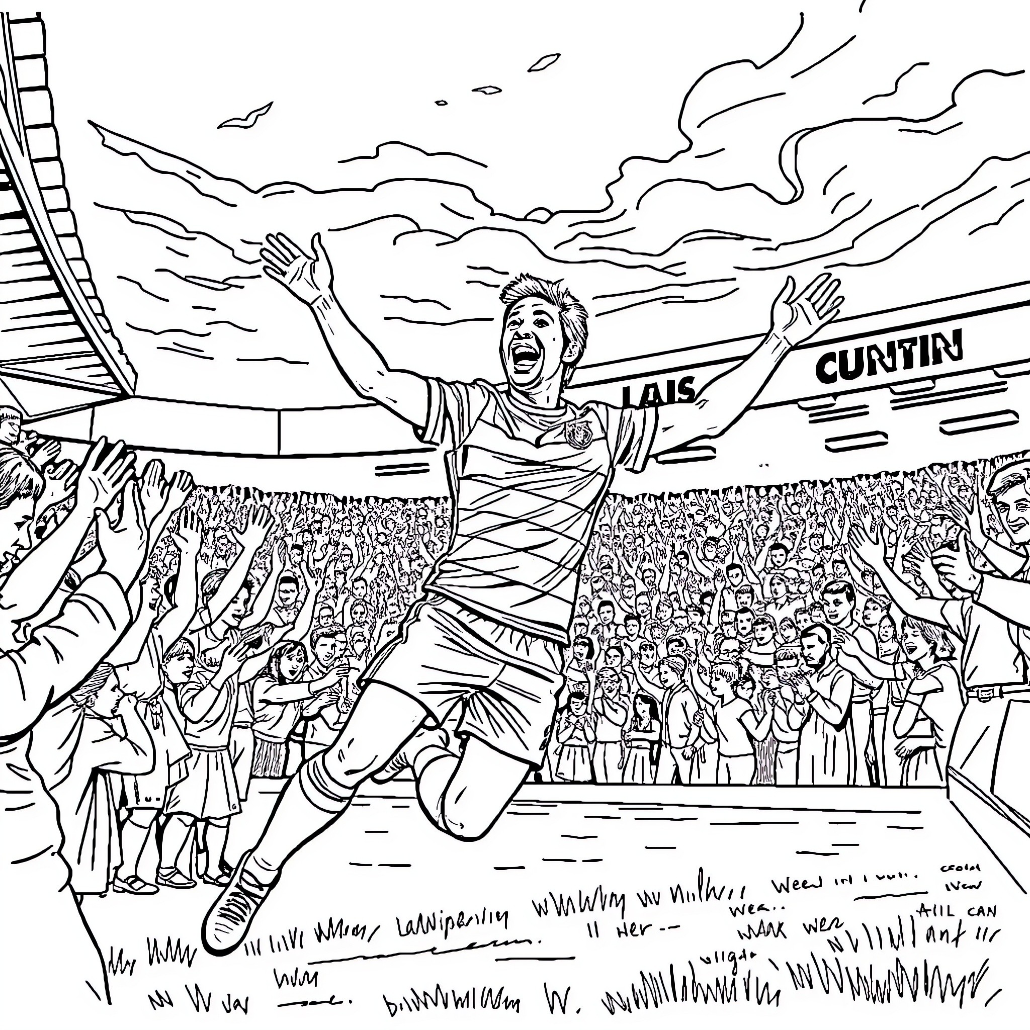 Henrik Larsson celebrating goal with crowd in stadium Coloring Page (free black-and-white line drawing printable PDF for all, from beginners to advanced learners, including children, teens, adults, and seniors)