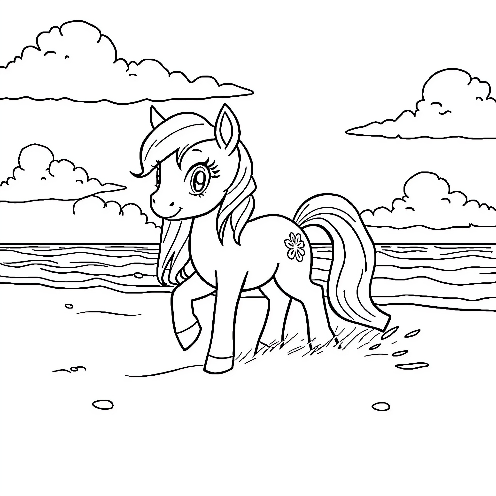 Pony strolling on the beach Coloring Page (free black-and-white line drawing printable PDF for all, from beginners to advanced learners, including children, teens, adults, and seniors)