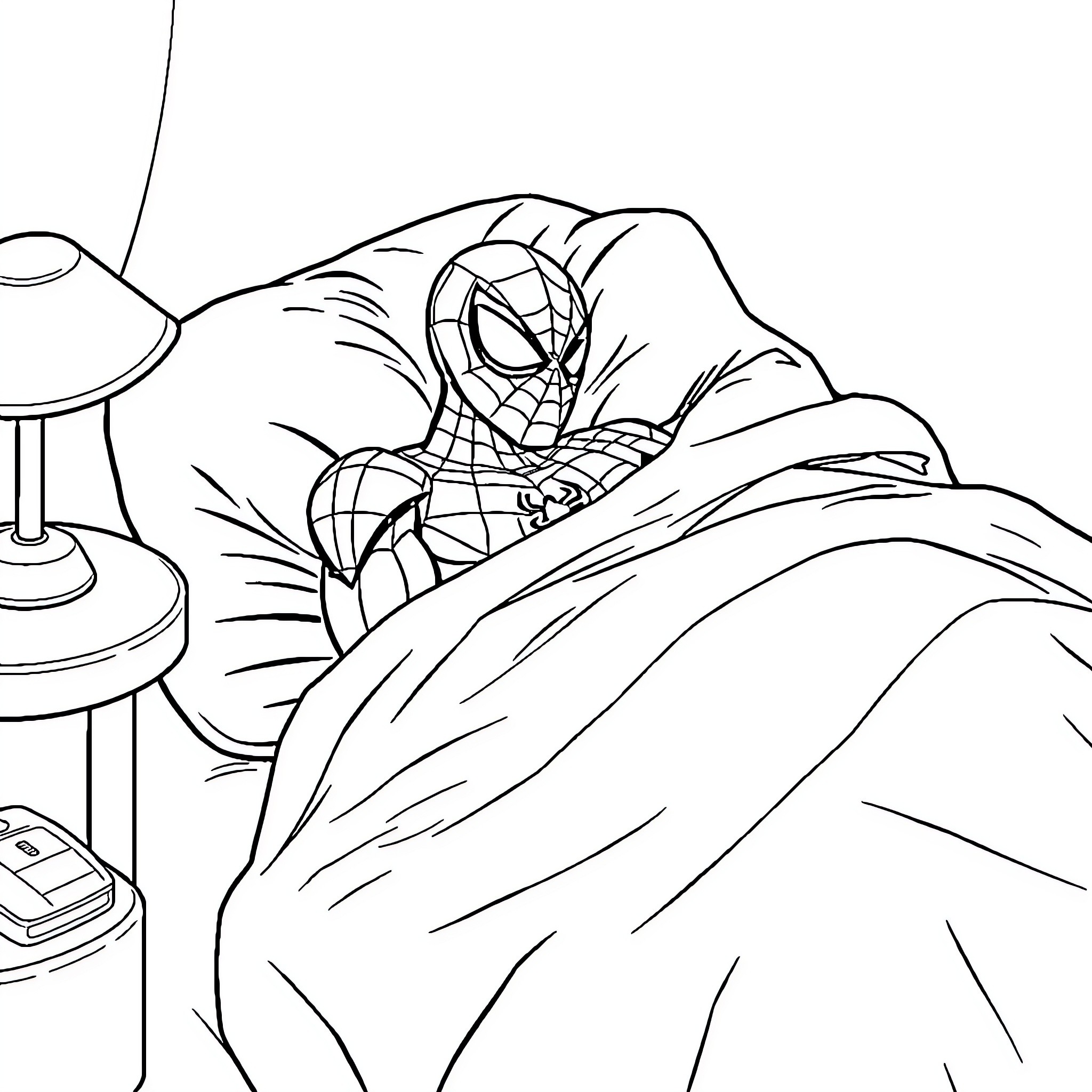 Spider-Man resting on a couch Coloring Page (free black-and-white line drawing printable PDF for all, from beginners to advanced learners, including children, teens, adults, and seniors)