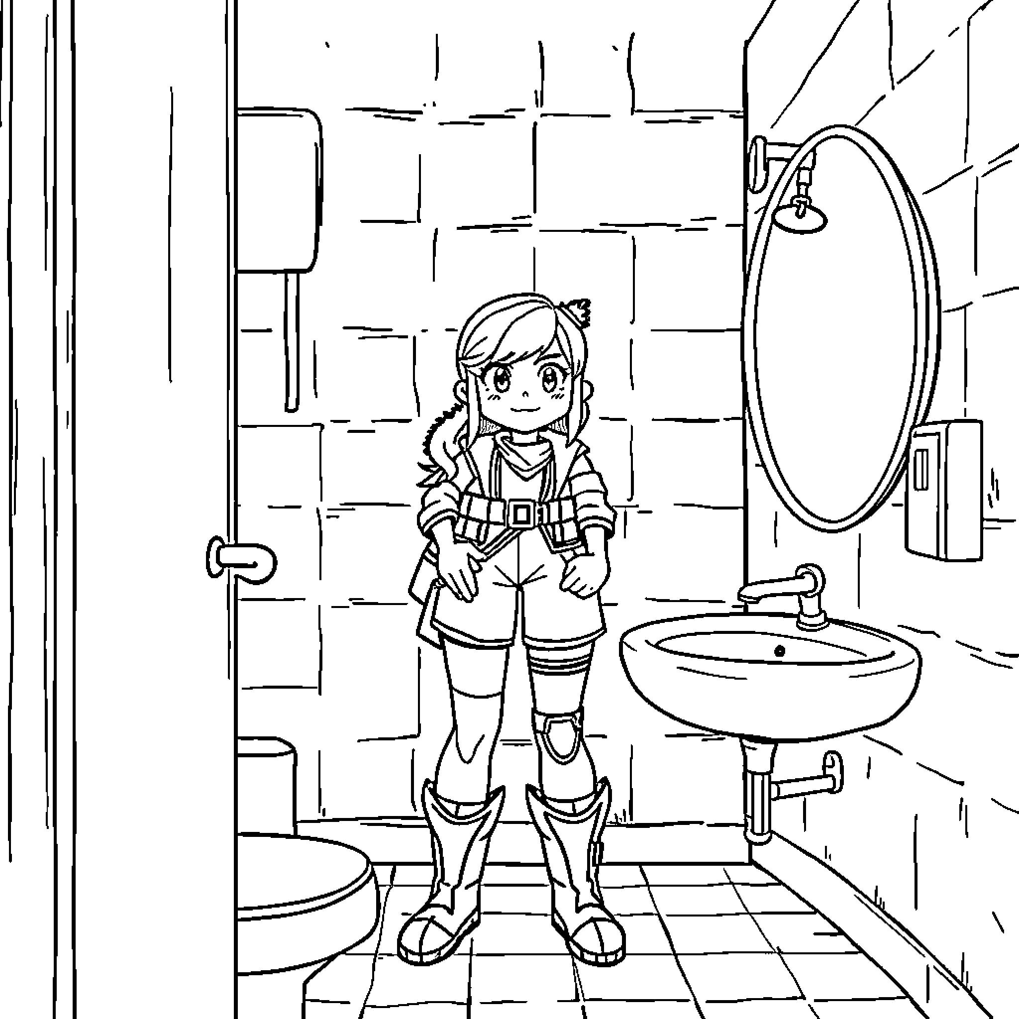 Zoë exploring the bathroom interior Coloring Page (free black-and-white line drawing printable PDF for all, from beginners to advanced learners, including children, teens, adults, and seniors)