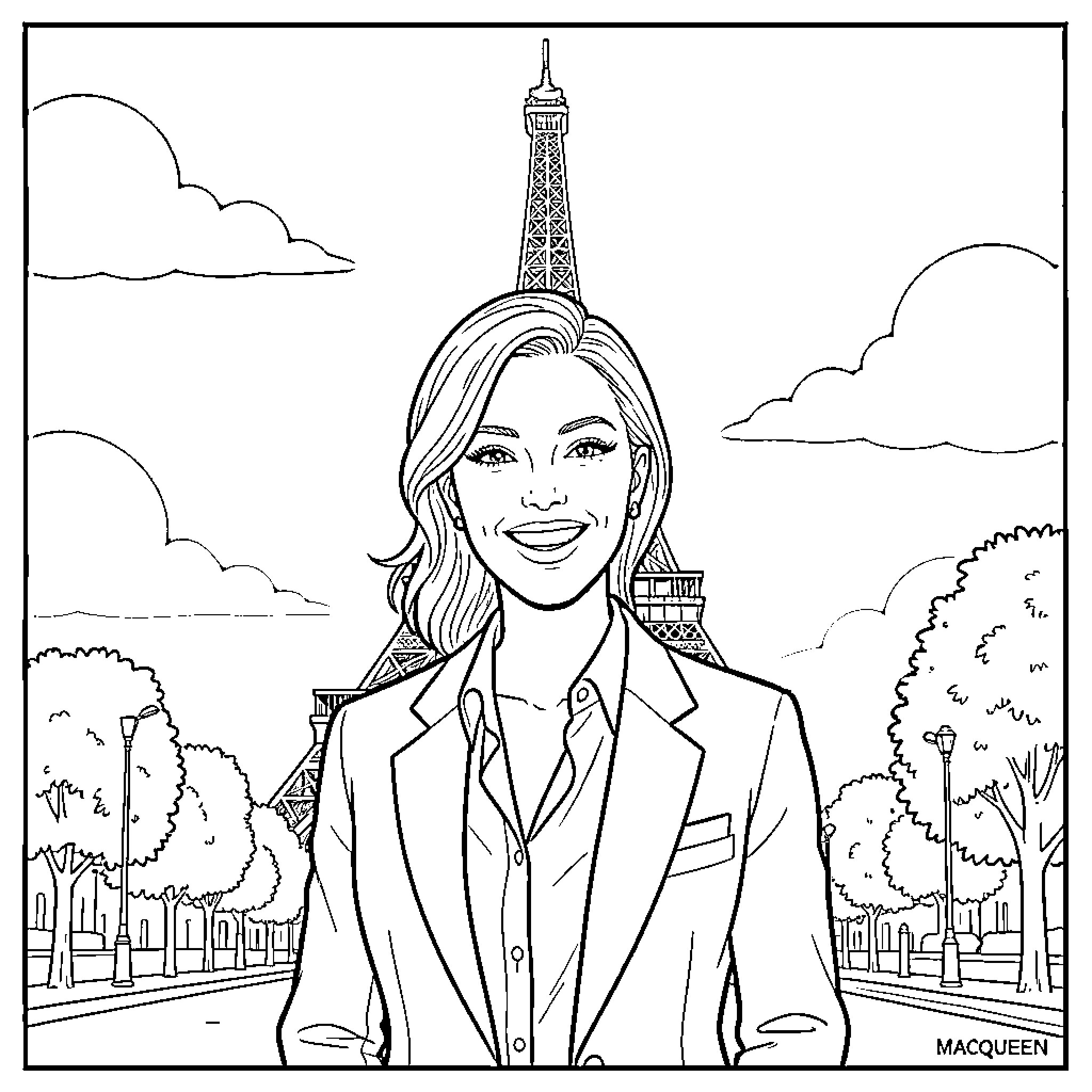 Macqueen's Joyful Portrait in Paris Cityscape Coloring Page (free black-and-white line drawing printable PDF for all, from beginners to advanced learners, including children, teens, adults, and seniors)