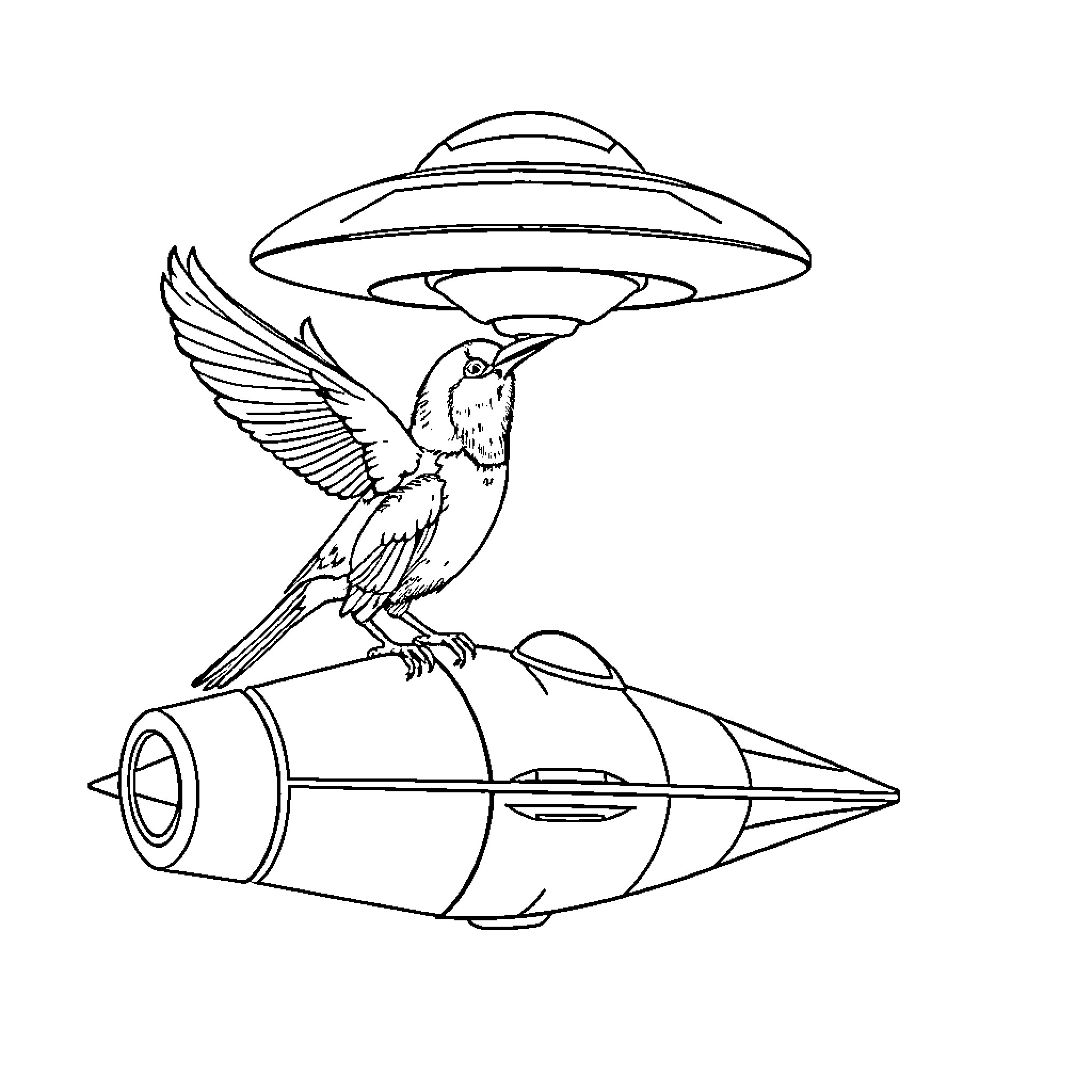 Bird flying aboard futuristic spacecraft Coloring Page (free black-and-white line drawing printable PDF for all, from beginners to advanced learners, including children, teens, adults, and seniors)