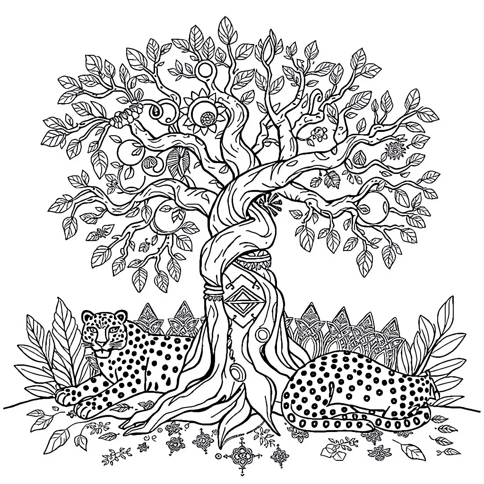 Ayahuasca Tree of Life with Leopards Coloring Page (free black-and-white line drawing printable PDF for all, from beginners to advanced learners, including children, teens, adults, and seniors)