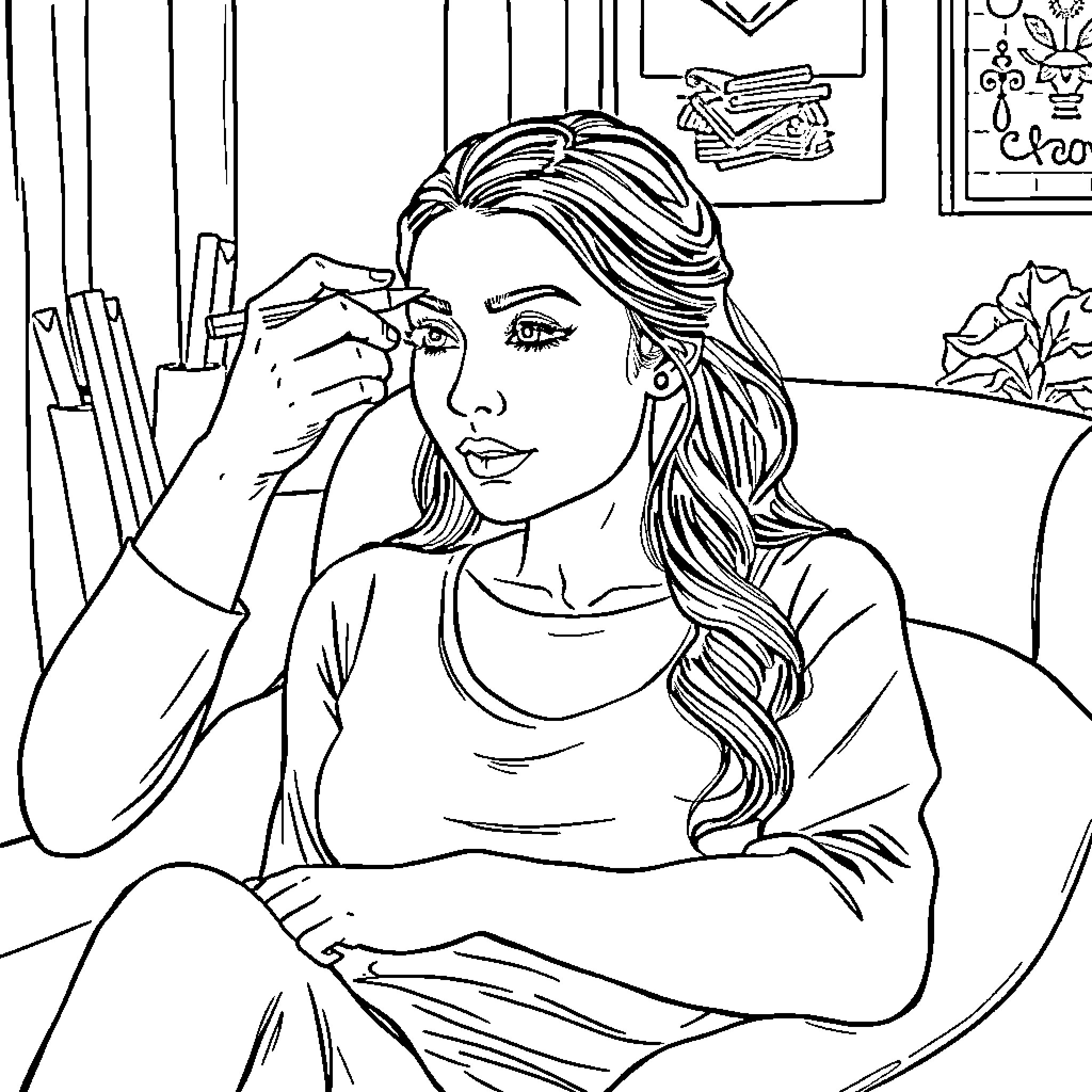 Wife relaxing contemplatively at home Coloring Page (free black-and-white line drawing printable PDF for all, from beginners to advanced learners, including children, teens, adults, and seniors)