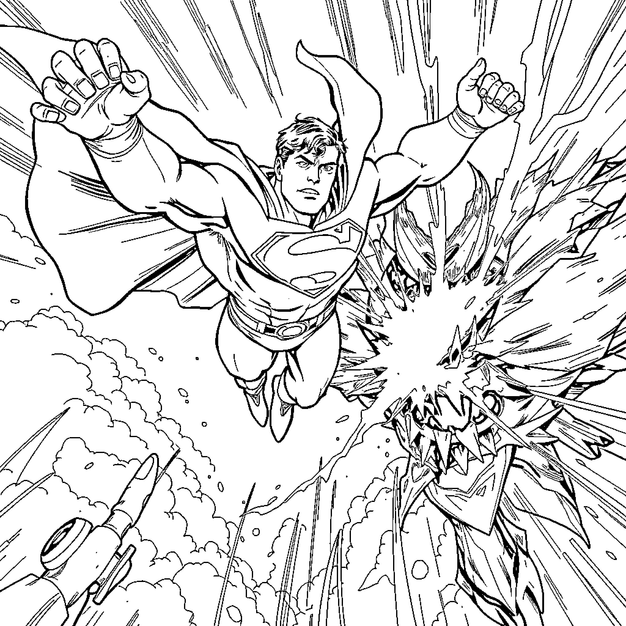 Superman breaking through with mighty power Coloring Page (free black-and-white line drawing printable PDF for all, from beginners to advanced learners, including children, teens, adults, and seniors)