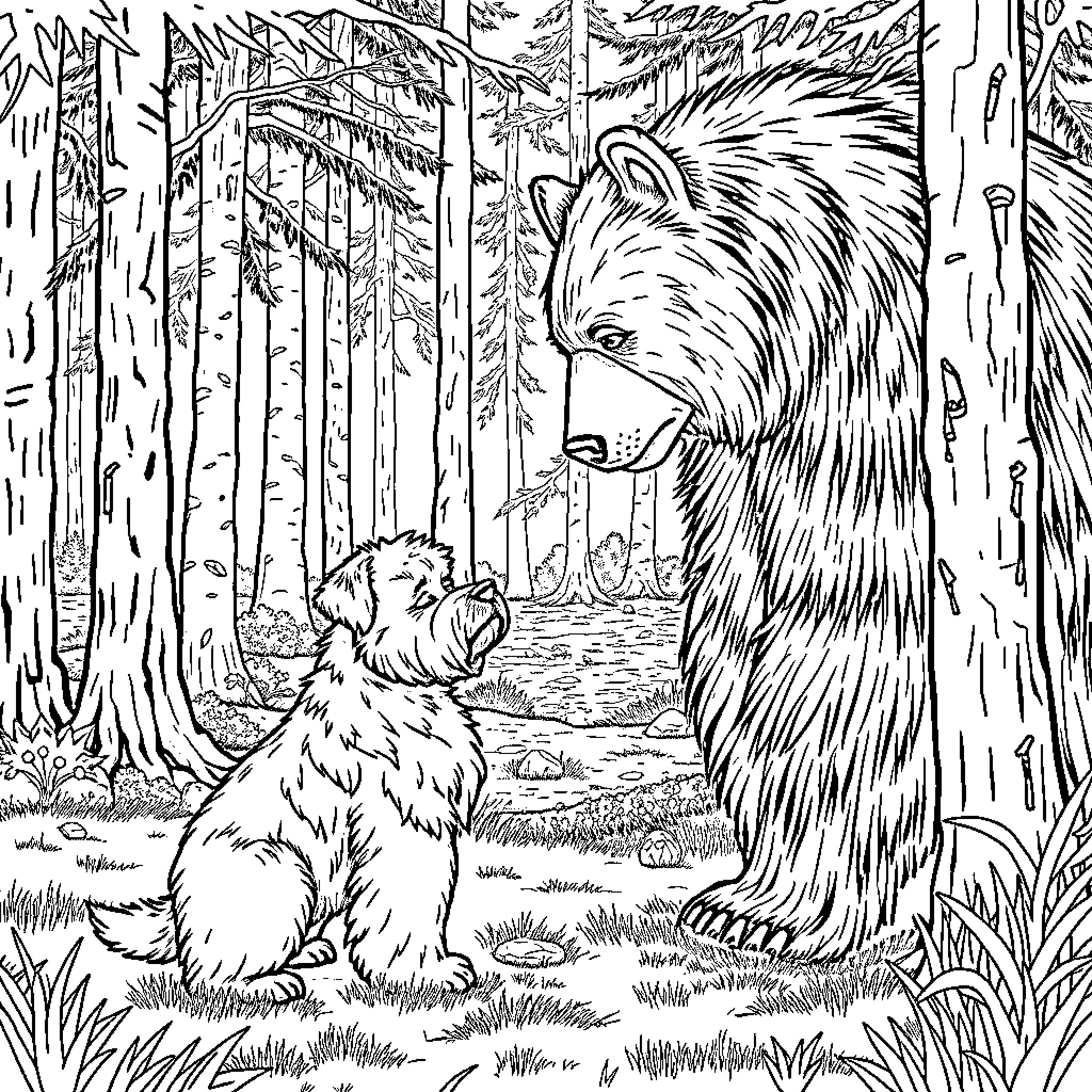 Maltese dogs in the forest with a bear Coloring Page (free black-and-white line drawing printable PDF for all, from beginners to advanced learners, including children, teens, adults, and seniors)