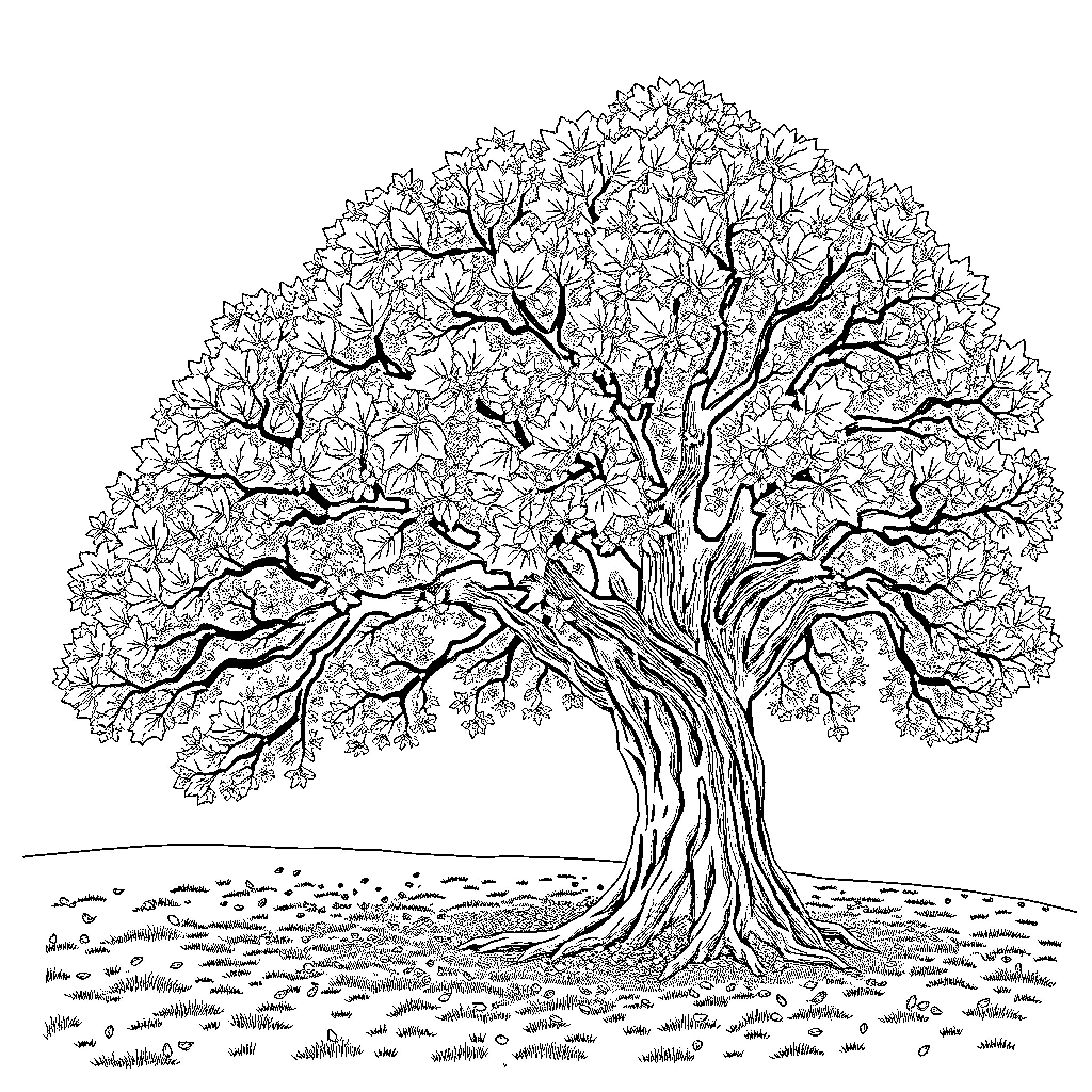 Oak tree with detailed foliage in a field Coloring Page (free black-and-white line drawing printable PDF for all, from beginners to advanced learners, including children, teens, adults, and seniors)