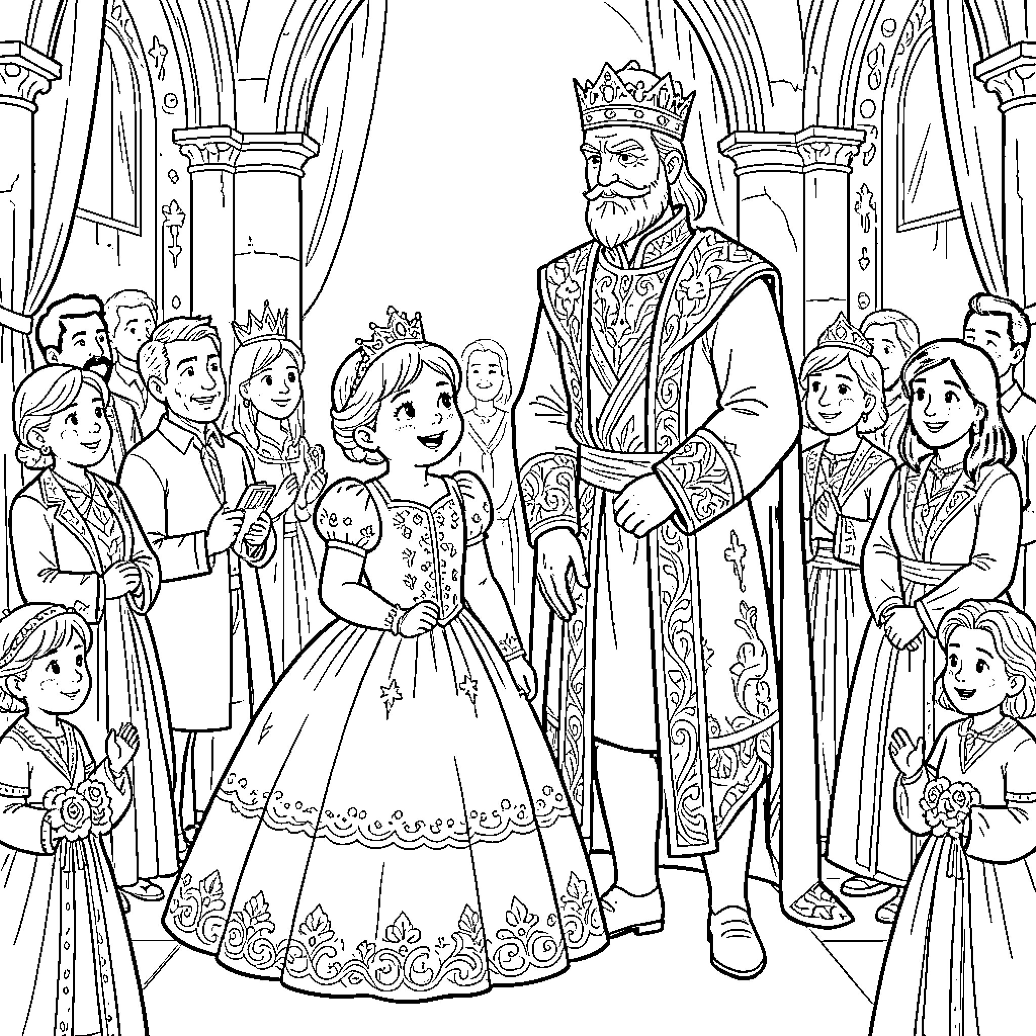Princess standing before a king in a grand hall Coloring Page (free black-and-white line drawing printable PDF for all, from beginners to advanced learners, including children, teens, adults, and seniors)