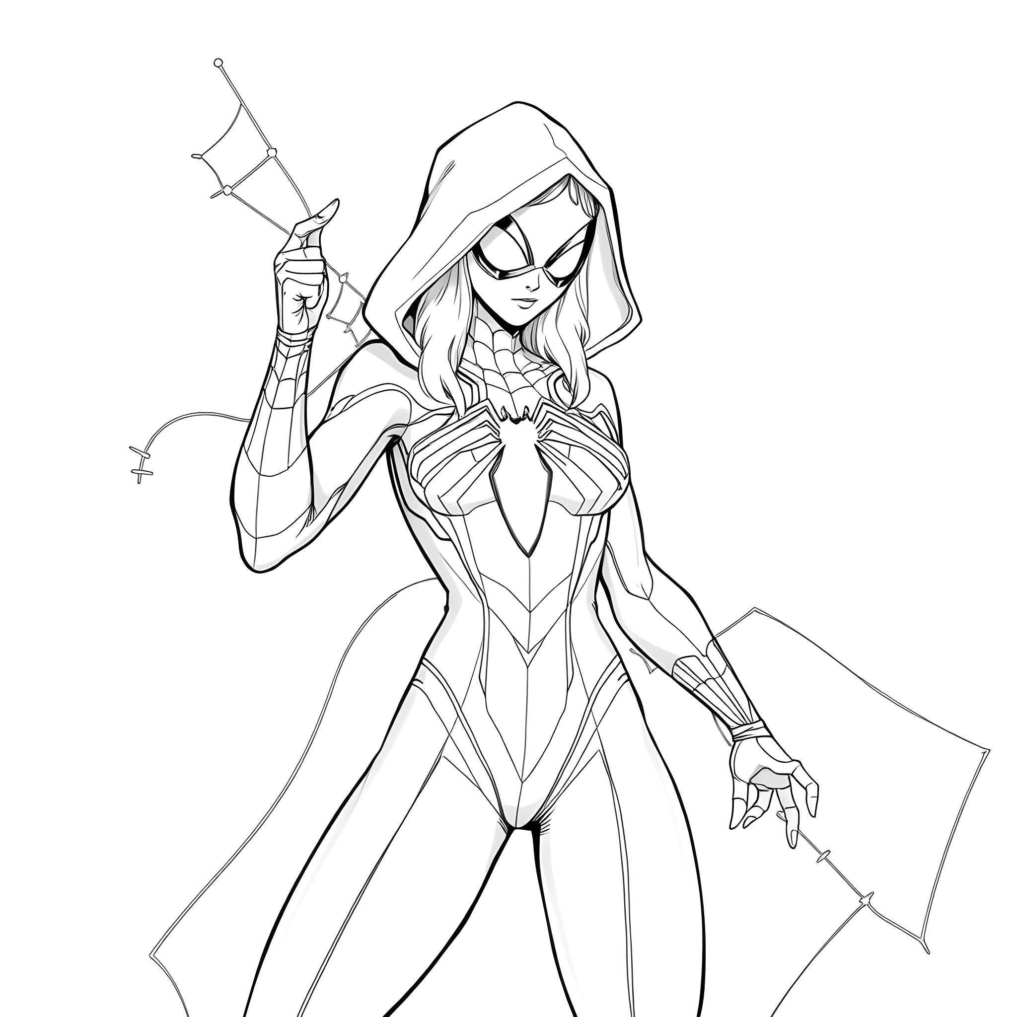 Spiderman character in action pose with web shooter Coloring Page (free black-and-white line drawing printable PDF for all, from beginners to advanced learners, including children, teens, adults, and seniors)