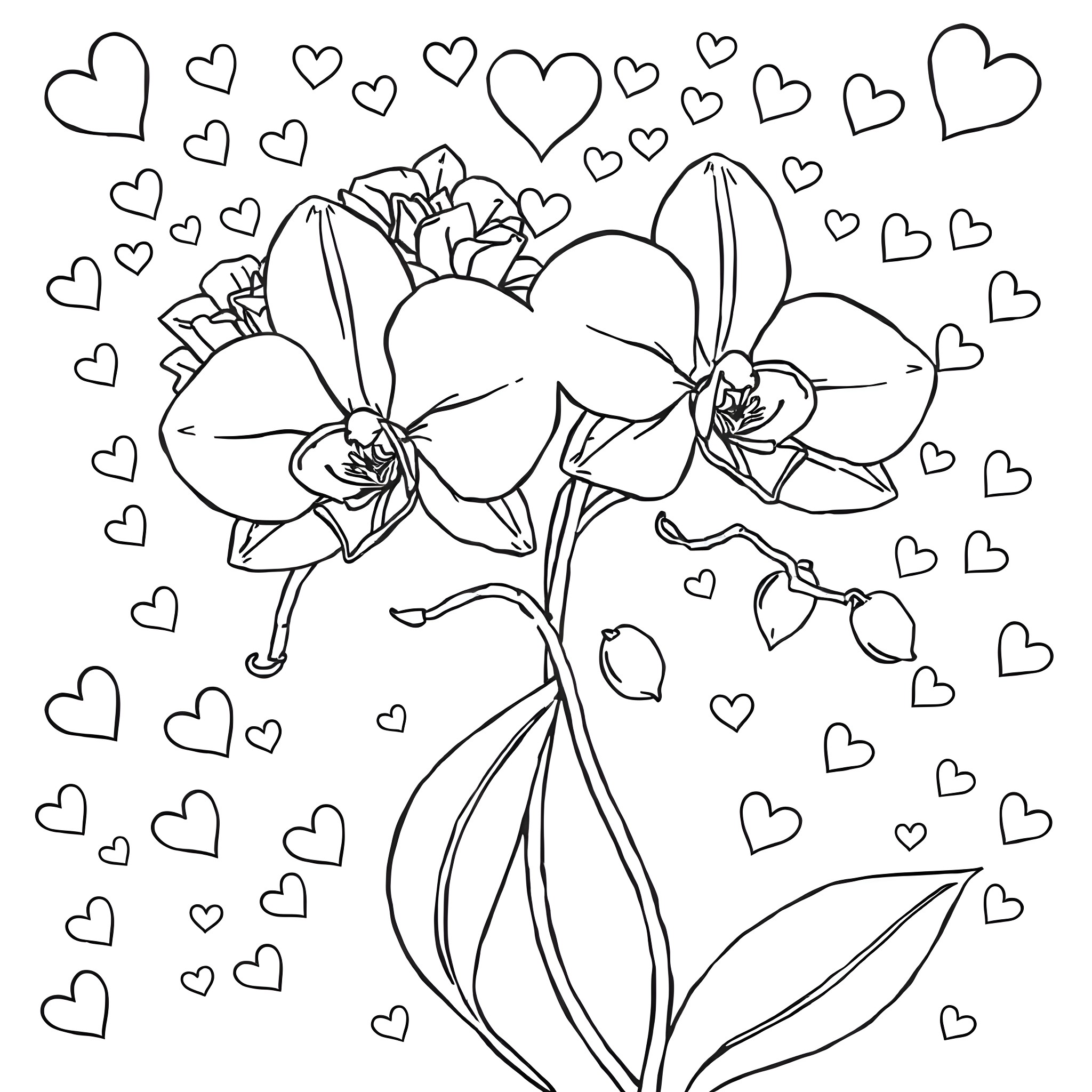 Orchid Blooming with Loving Hearts Coloring Page (free black-and-white line drawing printable PDF for all, from beginners to advanced learners, including children, teens, adults, and seniors)
