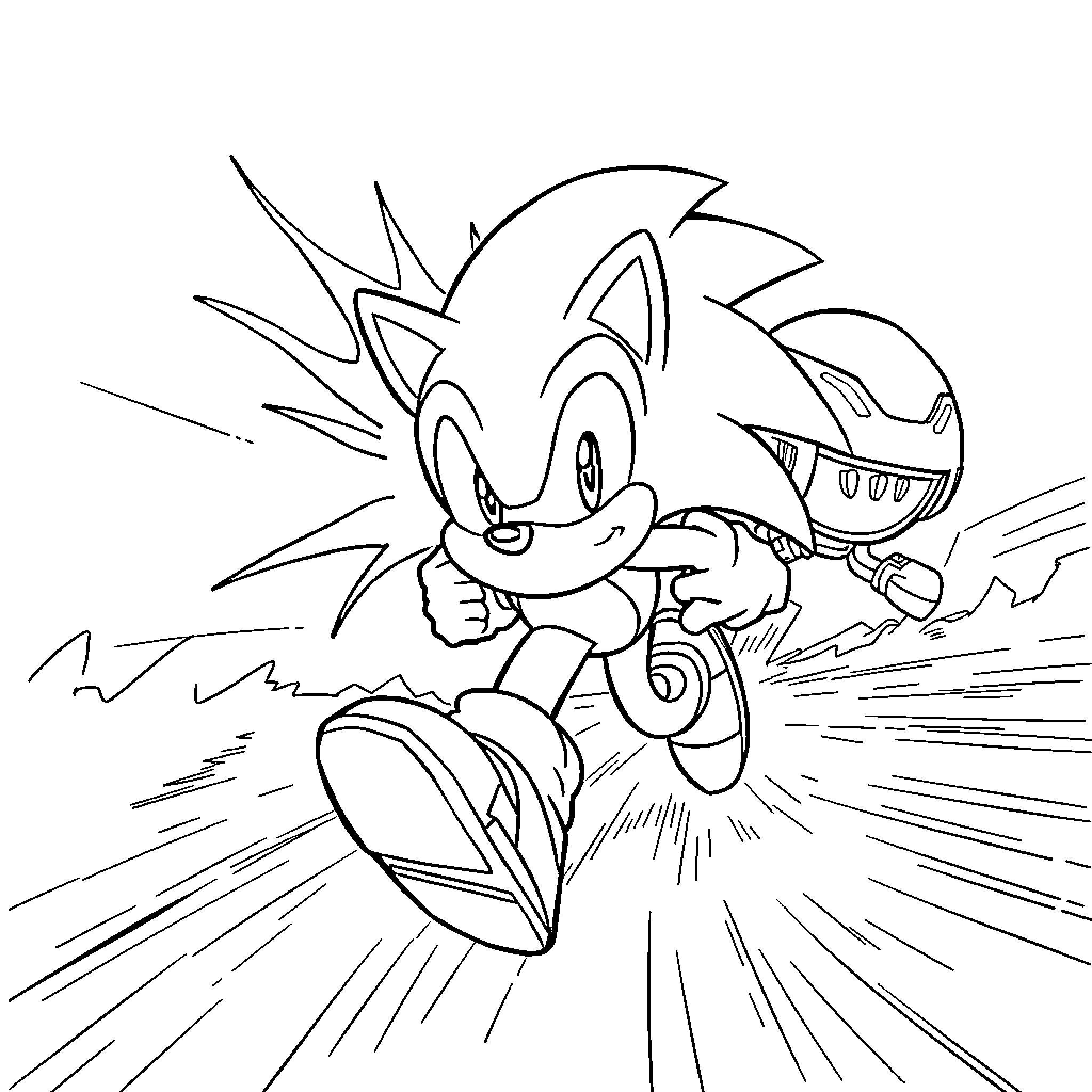 Sonic speeding through an epic adventure Coloring Page (free black-and-white line drawing printable PDF for all, from beginners to advanced learners, including children, teens, adults, and seniors)