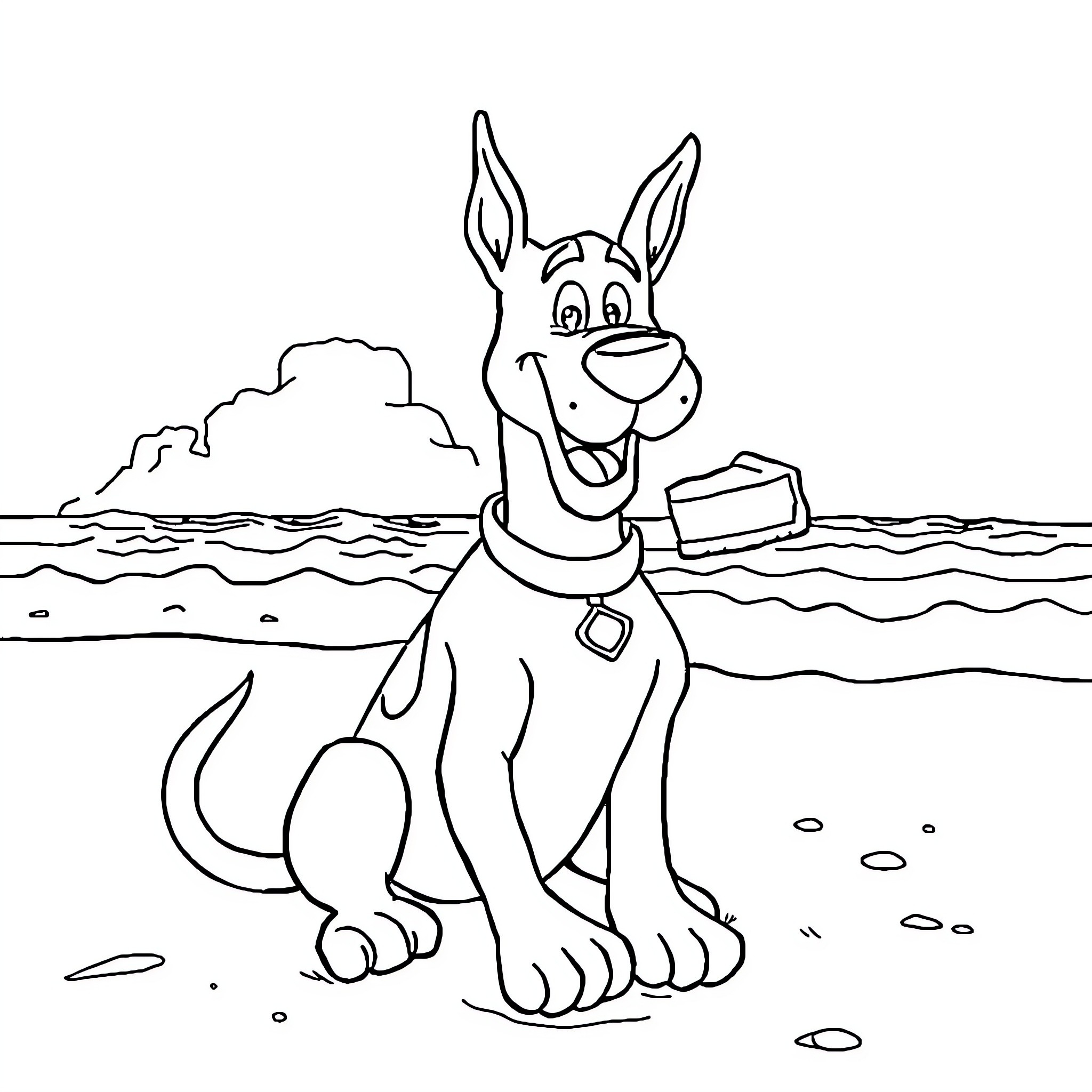 Scooby Doo enjoying the beach scenery Coloring Page (free black-and-white line drawing printable PDF for all, from beginners to advanced learners, including children, teens, adults, and seniors)