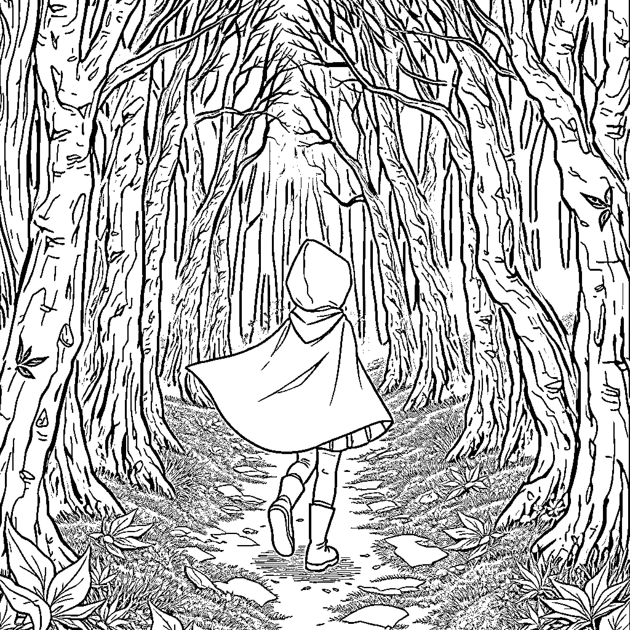 Little Red Riding Hood's journey through the mysterious woods Coloring Page (free black-and-white line drawing printable PDF for all, from beginners to advanced learners, including children, teens, adults, and seniors)