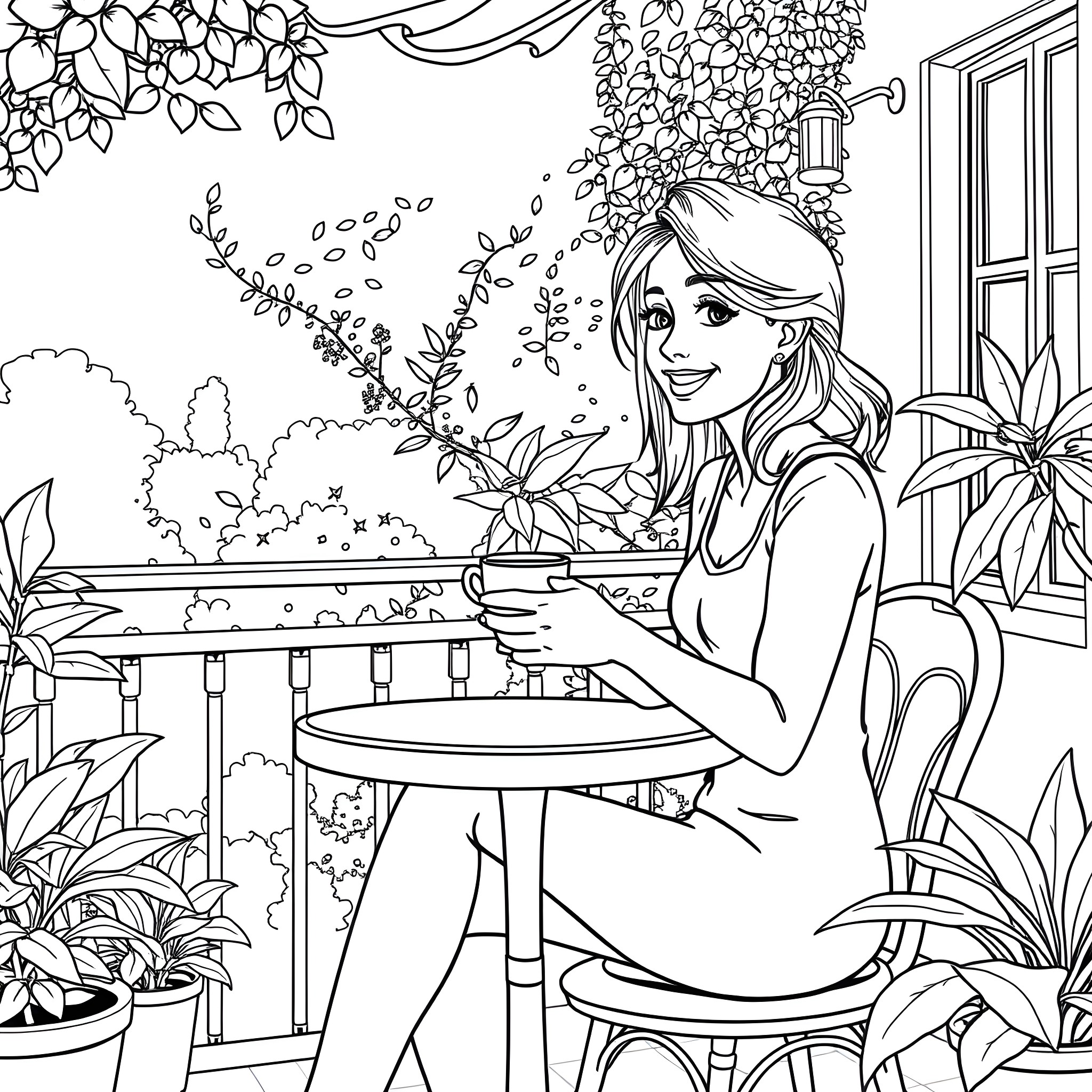 Lady enjoys coffee on the garden terrace surrounded by nature Coloring Page (free black-and-white line drawing printable PDF for all, from beginners to advanced learners, including children, teens, adults, and seniors)