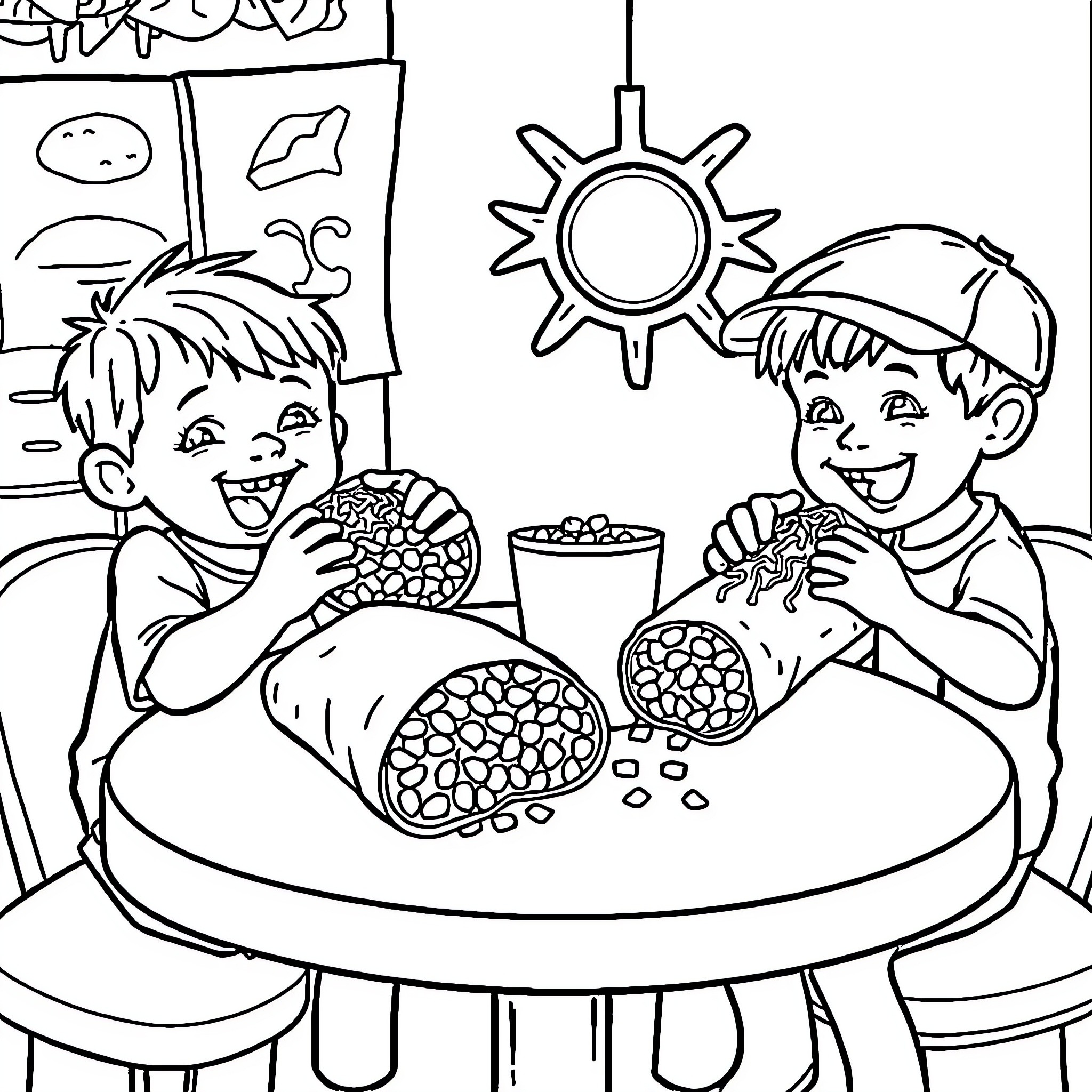 Kids Enjoying Summer Snacks Together Coloring Page (free black-and-white line drawing printable PDF for all, from beginners to advanced learners, including children, teens, adults, and seniors)
