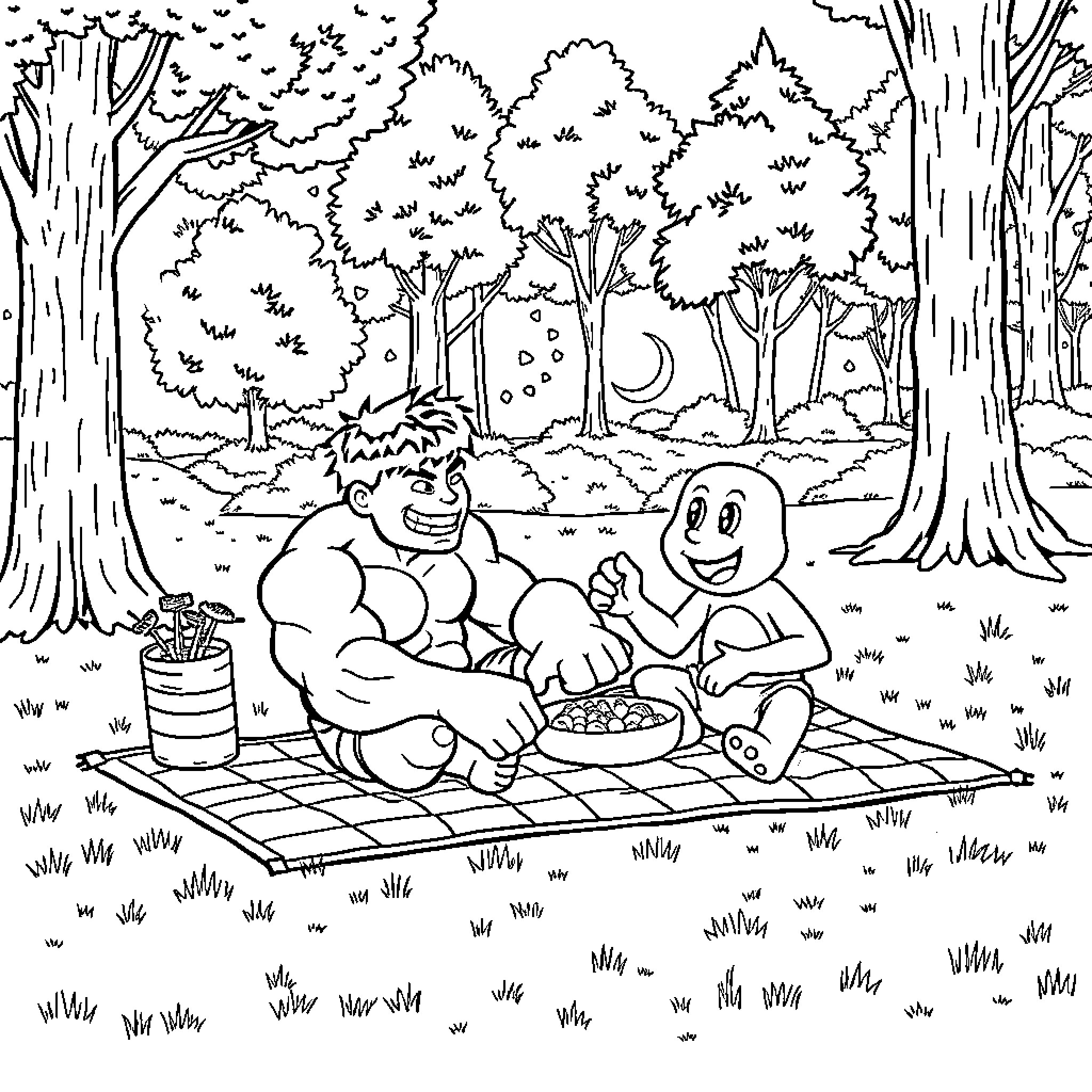 Hulk and Friend Enjoying Picnic in Enchanted Forest Coloring Page (free black-and-white line drawing printable PDF for all, from beginners to advanced learners, including children, teens, adults, and seniors)
