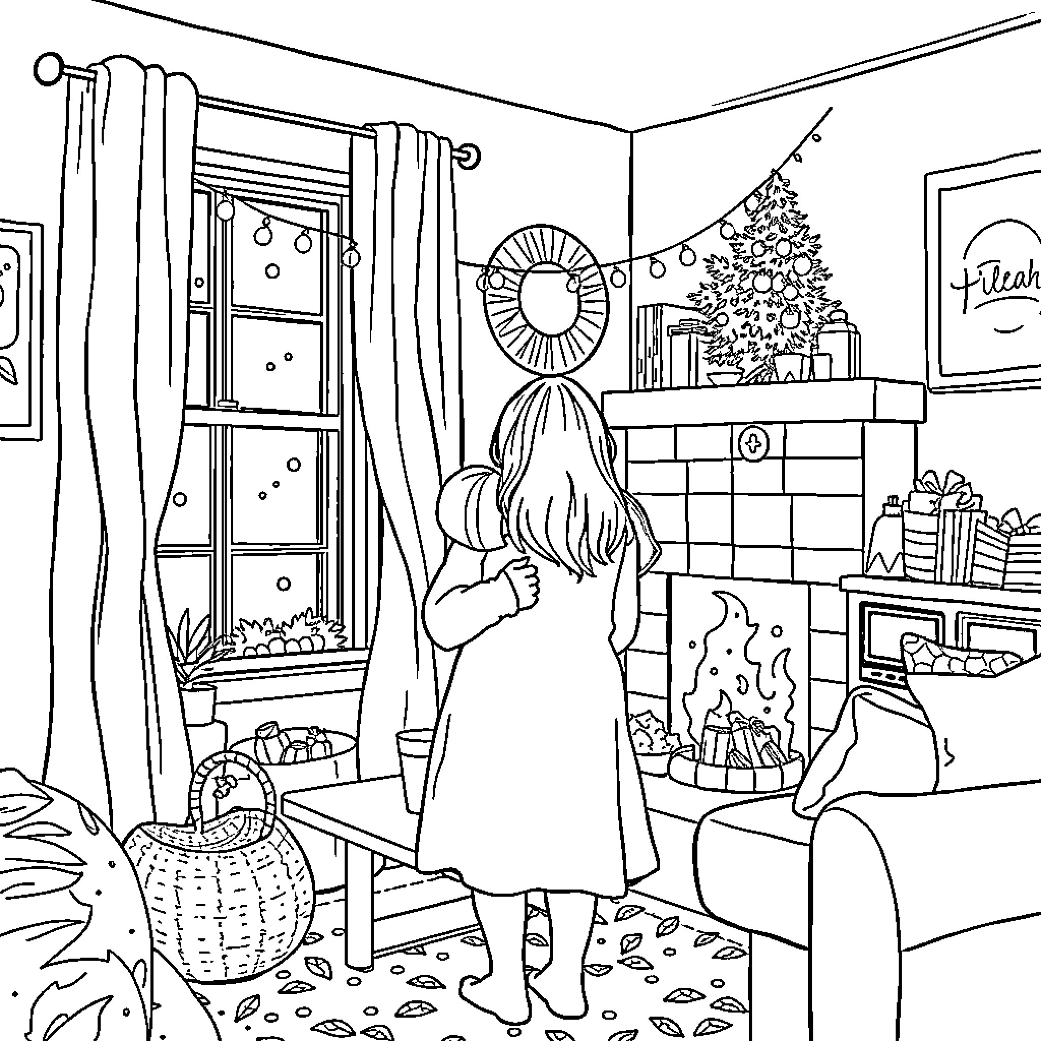Mom decorating for the holidays in a cozy home Coloring Page (free black-and-white line drawing printable PDF for all, from beginners to advanced learners, including children, teens, adults, and seniors)