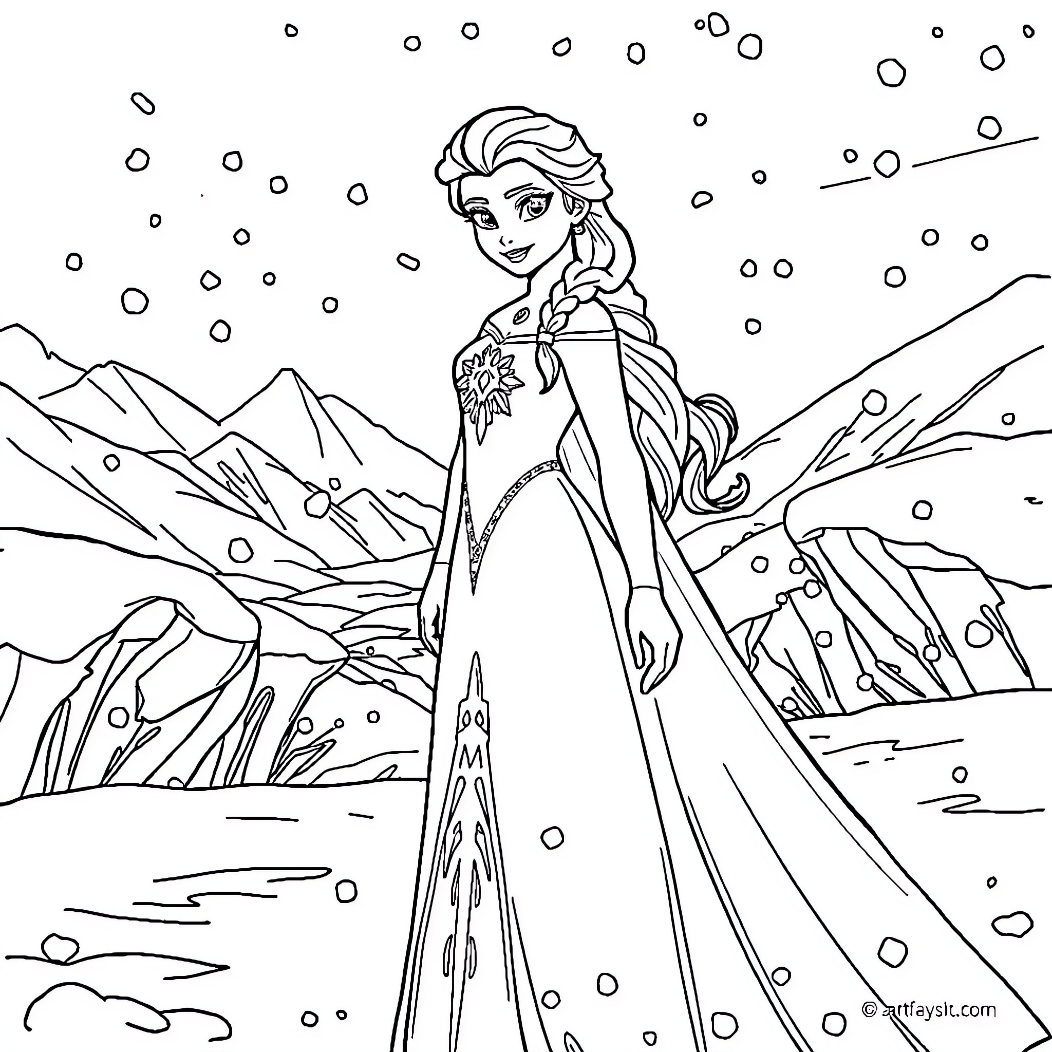Elsa's Frozen Adventure in the Winter Wonderland Coloring Page (free black-and-white line drawing printable PDF for all, from beginners to advanced learners, including children, teens, adults, and seniors)
