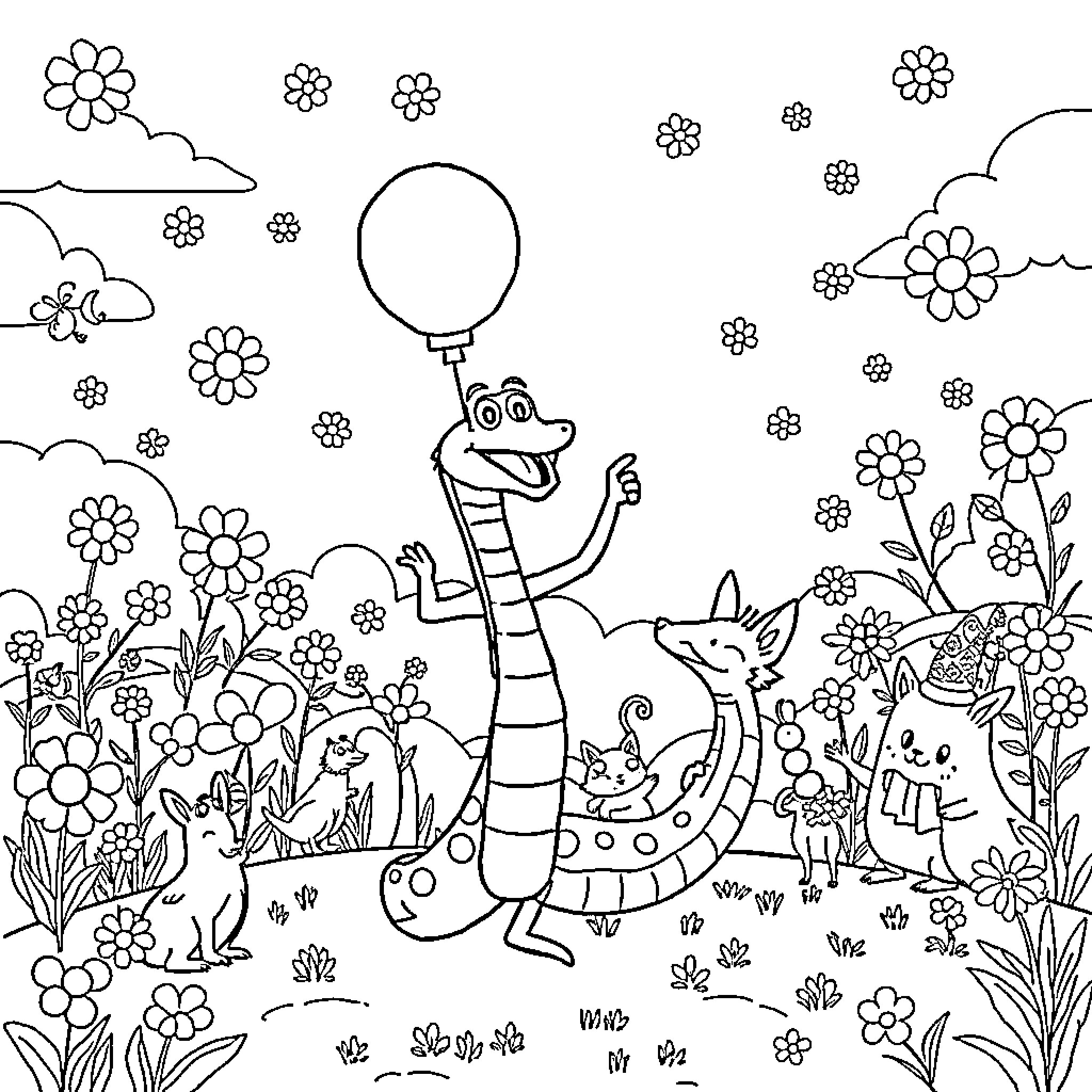 Snake playing happily with animals in the garden Coloring Page (free black-and-white line drawing printable PDF for all, from beginners to advanced learners, including children, teens, adults, and seniors)