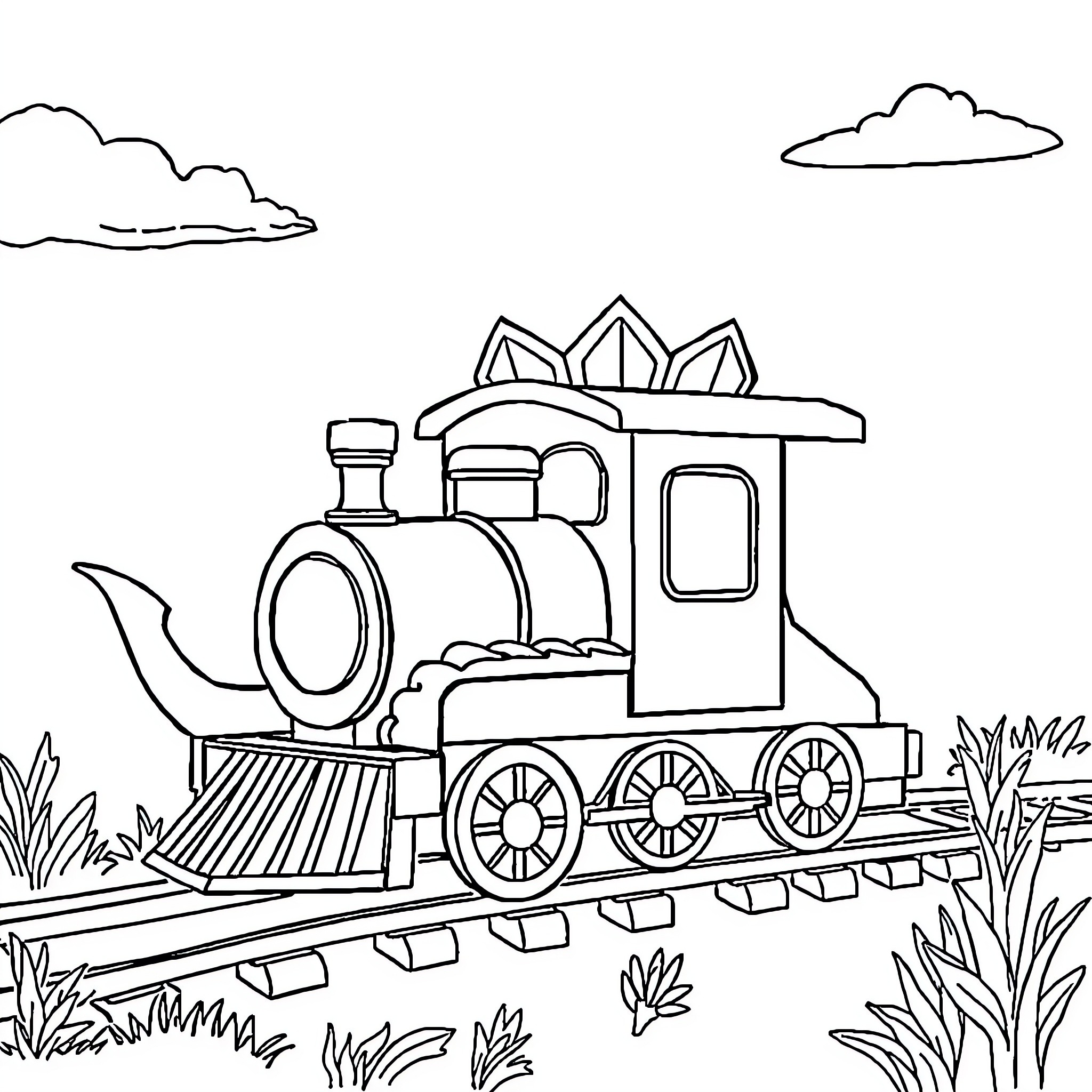 Dinosaur Train chugging through scenic landscape Coloring Page (free black-and-white line drawing printable PDF for all, from beginners to advanced learners, including children, teens, adults, and seniors)