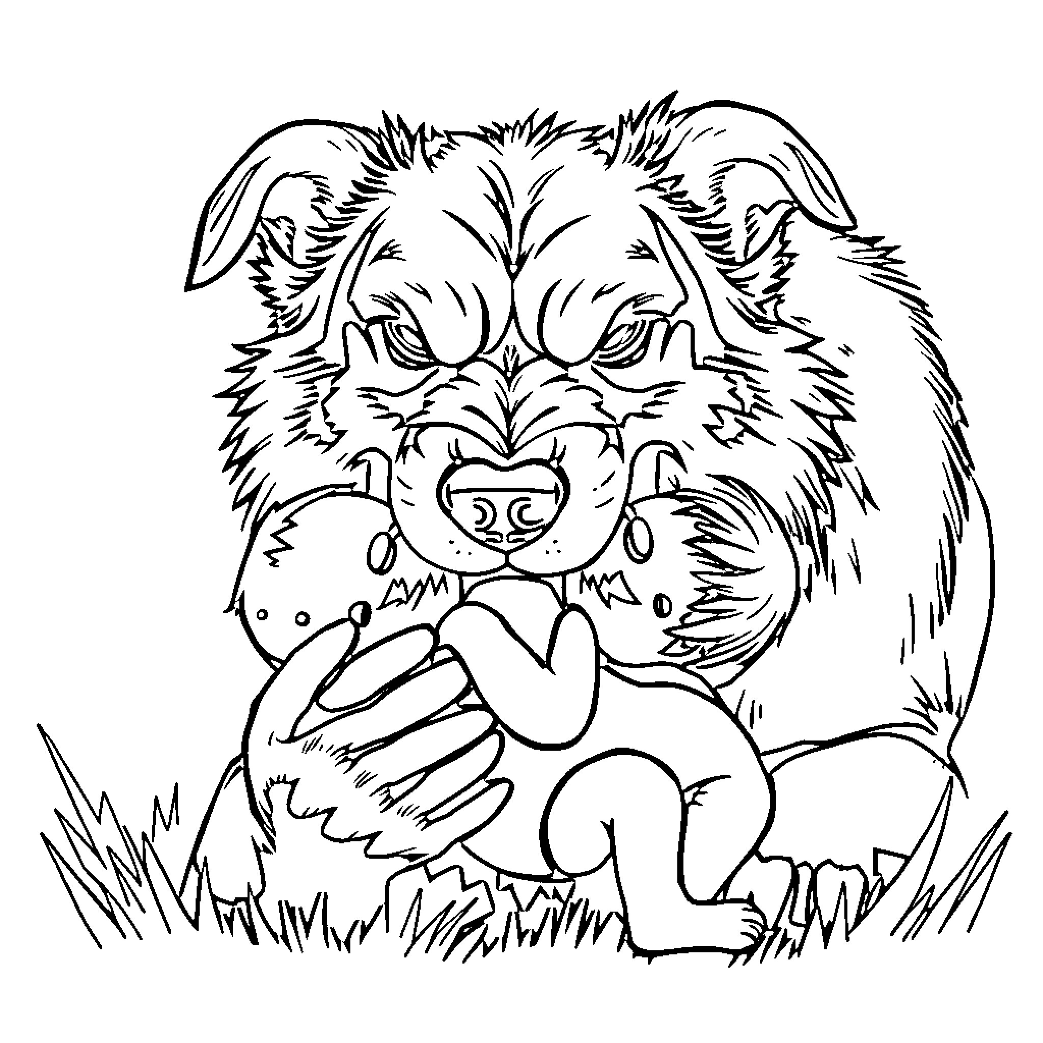 Dog embracing baby bunny in grassy field Coloring Page (free black-and-white line drawing printable PDF for all, from beginners to advanced learners, including children, teens, adults, and seniors)