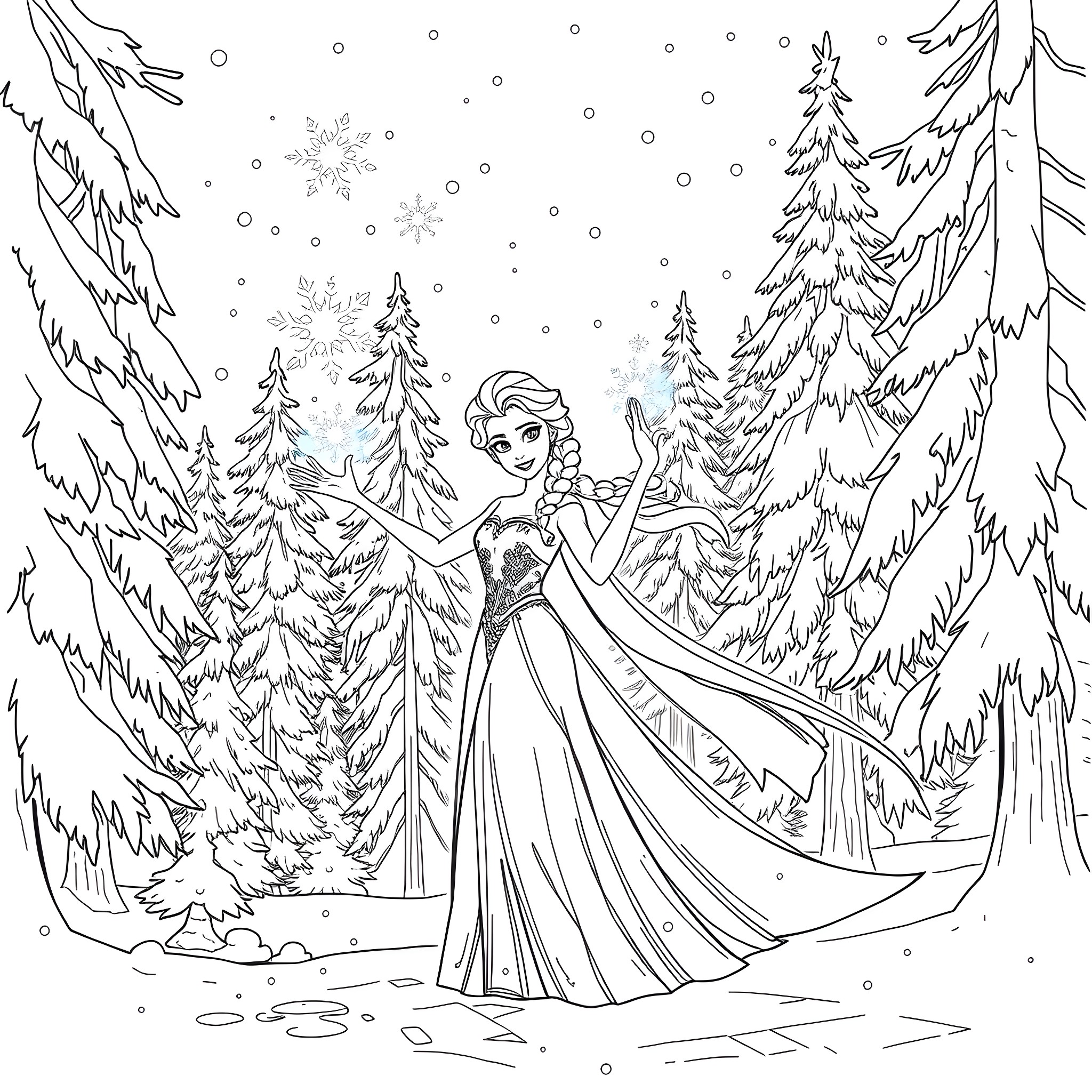 Princess Elsa walking gracefully in the snowy forest Coloring Page (free black-and-white line drawing printable PDF for all, from beginners to advanced learners, including children, teens, adults, and seniors)
