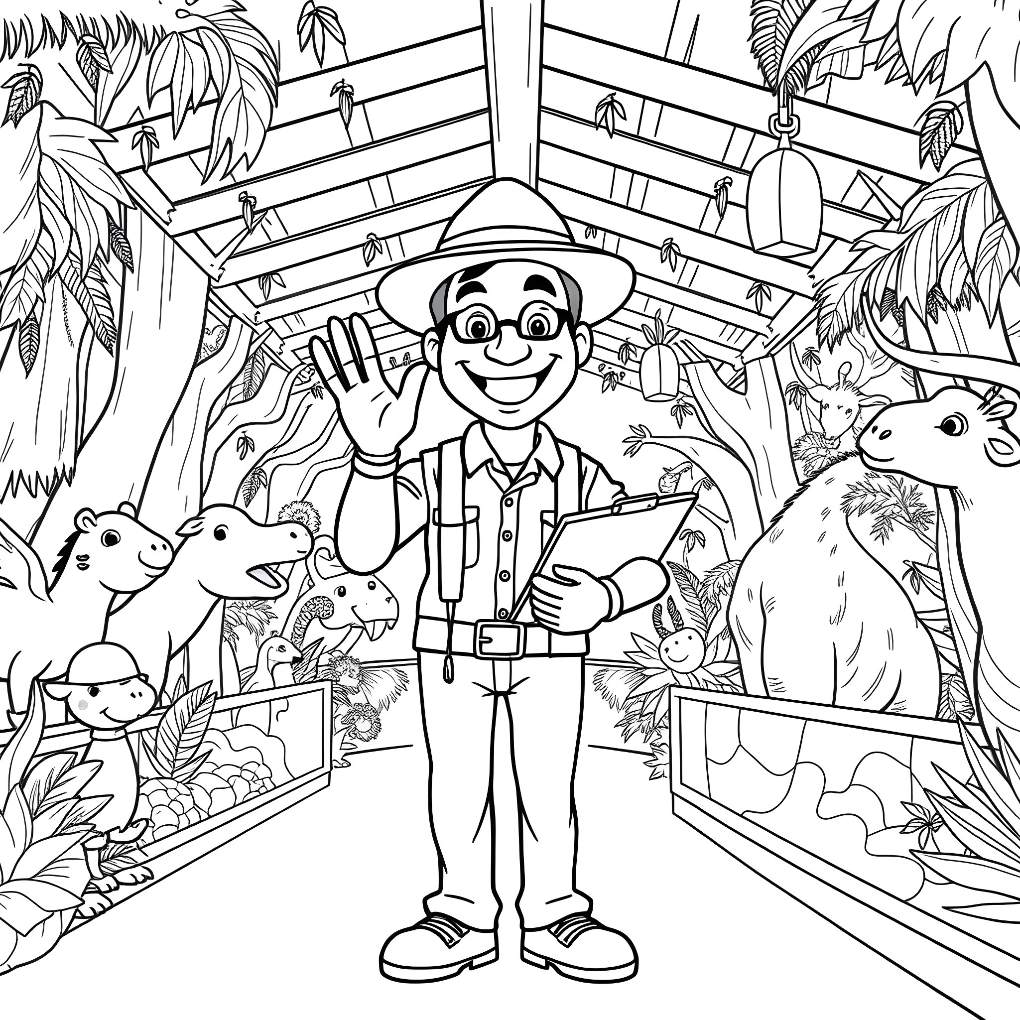 Zookeeper greeting and surrounded by animals in his habitat Coloring Page (free black-and-white line drawing printable PDF for all, from beginners to advanced learners, including children, teens, adults, and seniors)