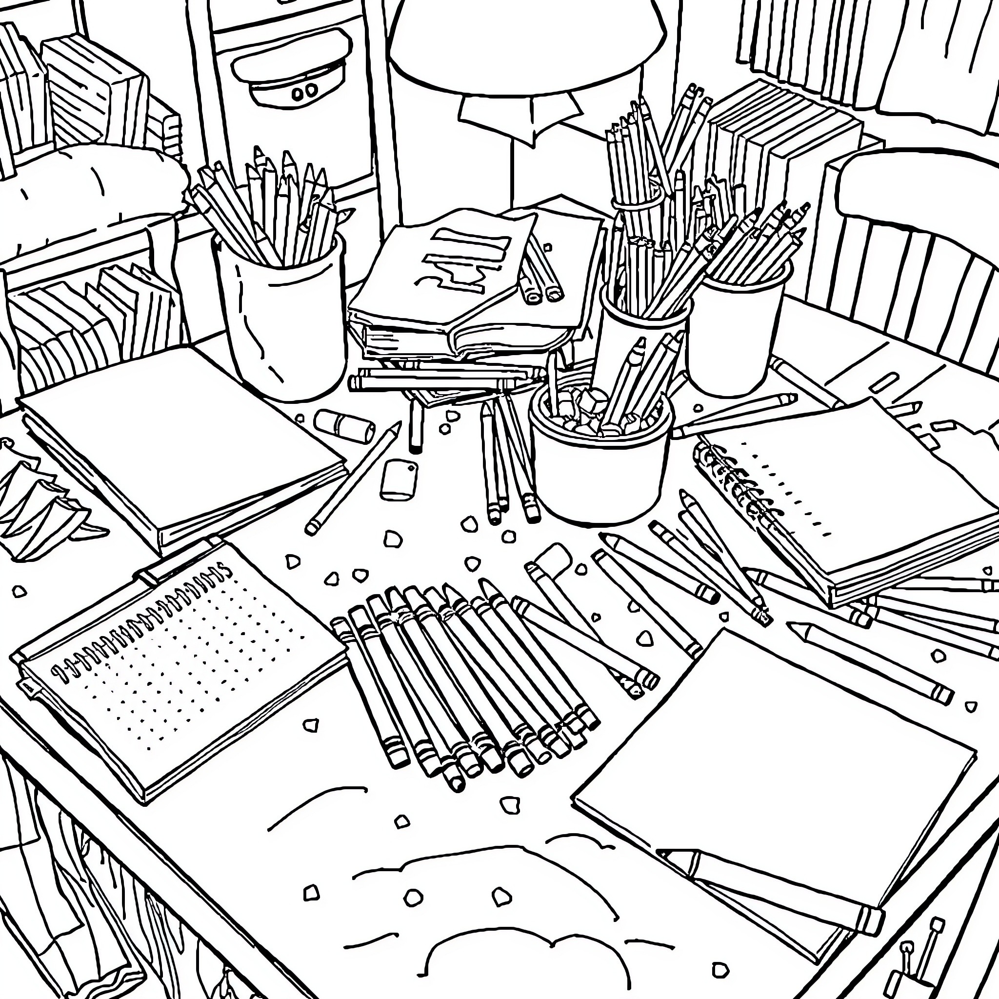 School Supplies Scattered on Messy Desk Coloring Page (free black-and-white line drawing printable PDF for all, from beginners to advanced learners, including children, teens, adults, and seniors)