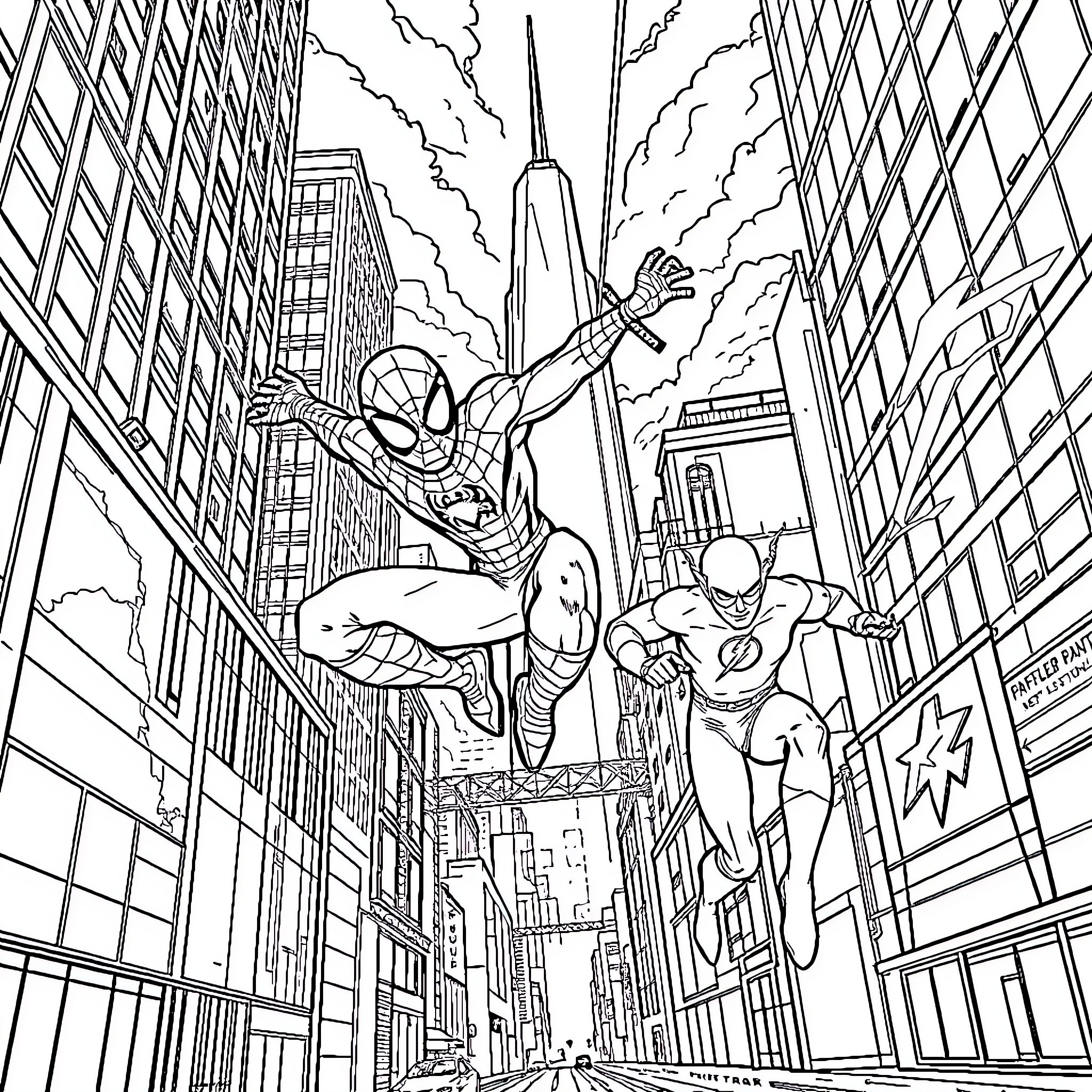 Spiderman and Flash Thompson in epic superhero showdown Coloring Page (free black-and-white line drawing printable PDF for all, from beginners to advanced learners, including children, teens, adults, and seniors)