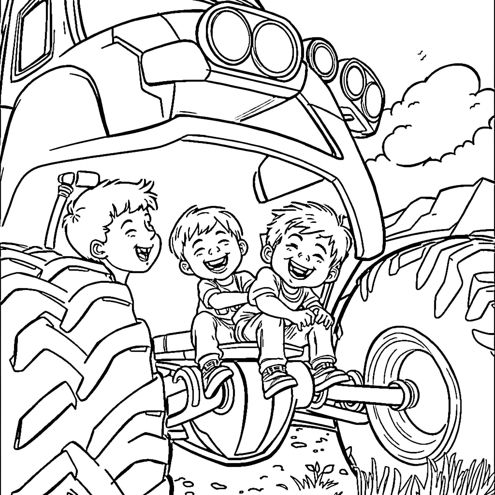 Boys Riding a Rugged Off-Road Vehicle in Nature Coloring Page (free black-and-white line drawing printable PDF for all, from beginners to advanced learners, including children, teens, adults, and seniors)