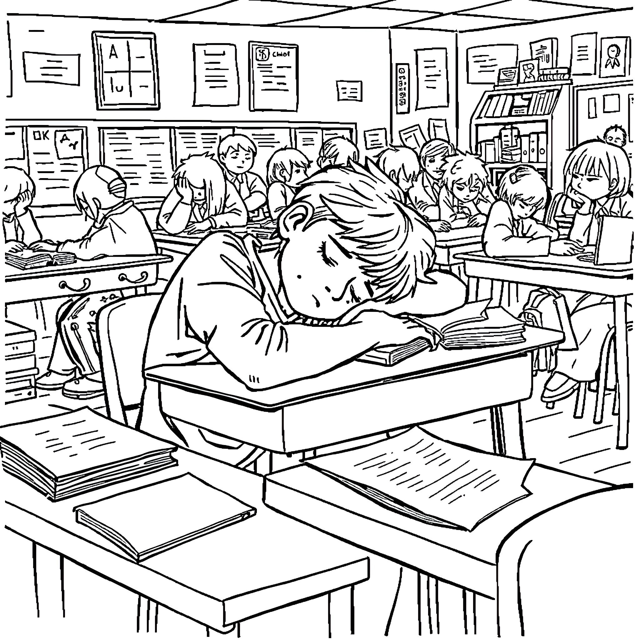 Teenager asleep during school lesson in classroom Coloring Page (free black-and-white line drawing printable PDF for all, from beginners to advanced learners, including children, teens, adults, and seniors)