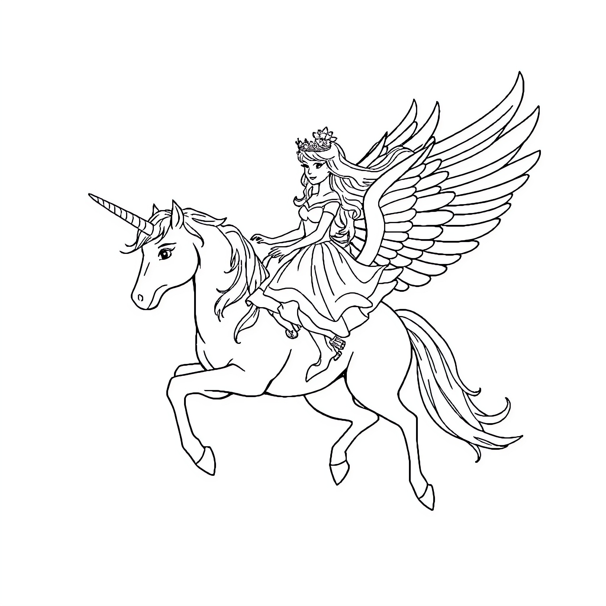 Princess riding winged unicorn in fantastical adventure Coloring Page (free black-and-white line drawing printable PDF for all, from beginners to advanced learners, including children, teens, adults, and seniors)