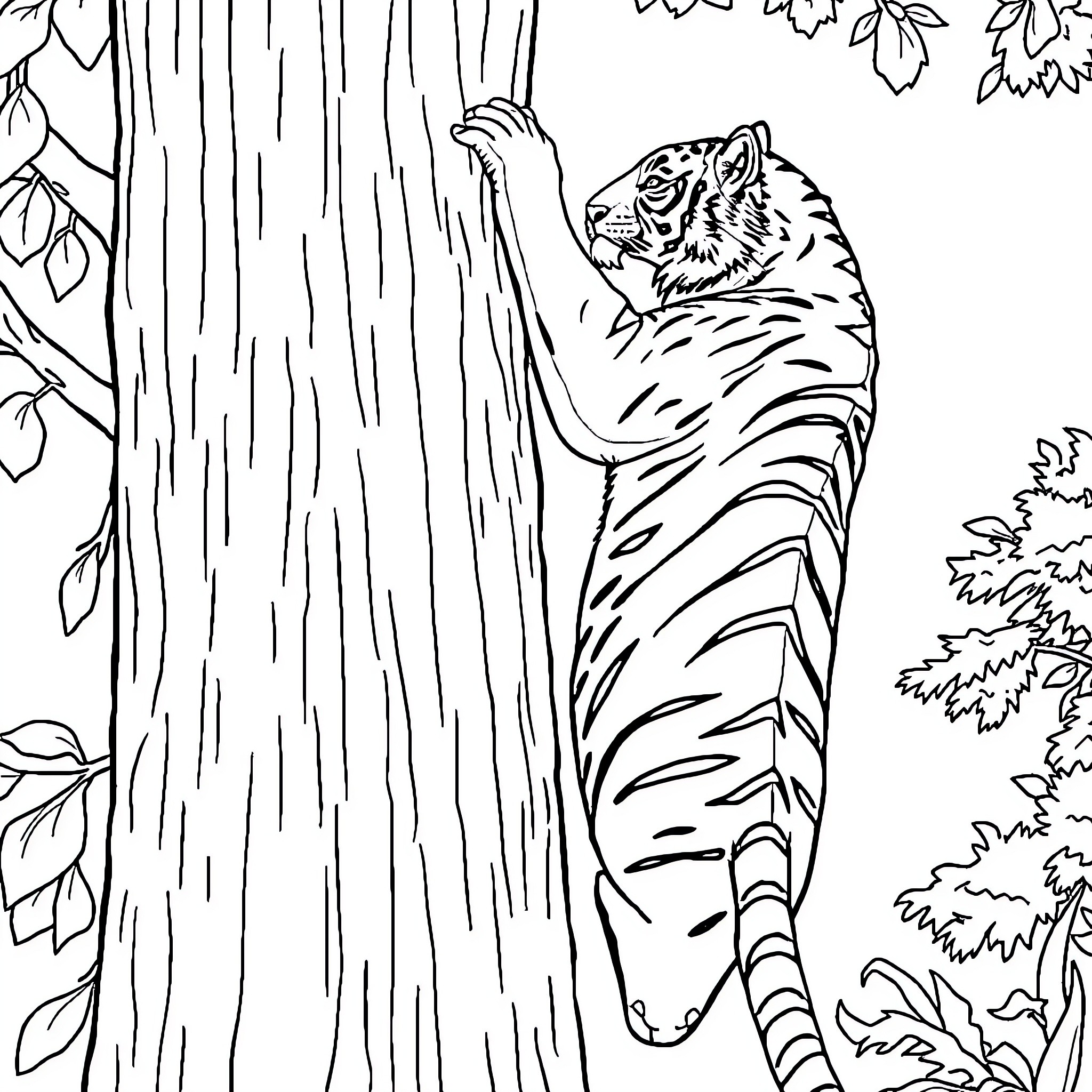 Tiger climbing up a tree in the forest Coloring Page (free black-and-white line drawing printable PDF for all, from beginners to advanced learners, including children, teens, adults, and seniors)