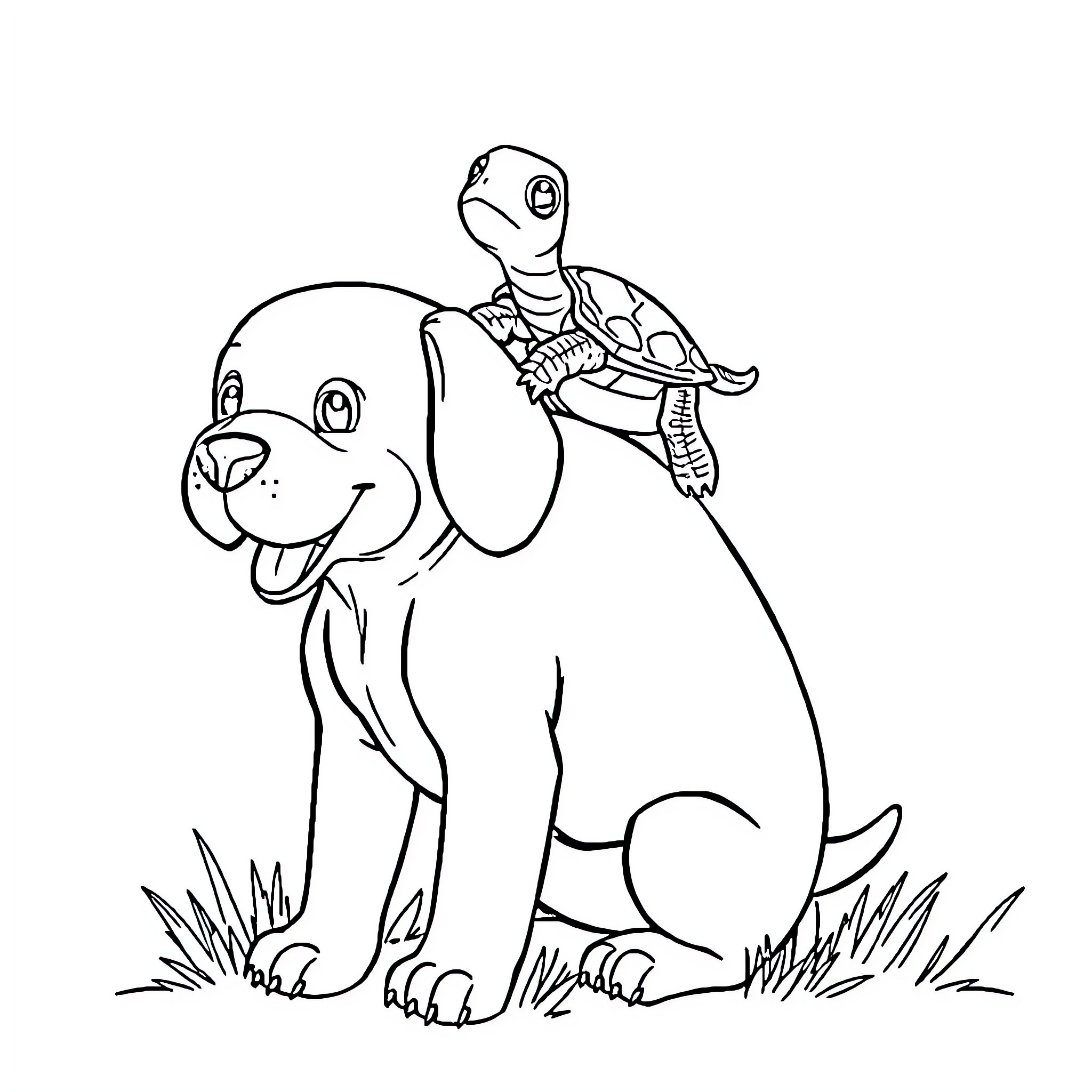 Turtle riding a friendly dog Coloring Page (free black-and-white line drawing printable PDF for all, from beginners to advanced learners, including children, teens, adults, and seniors)
