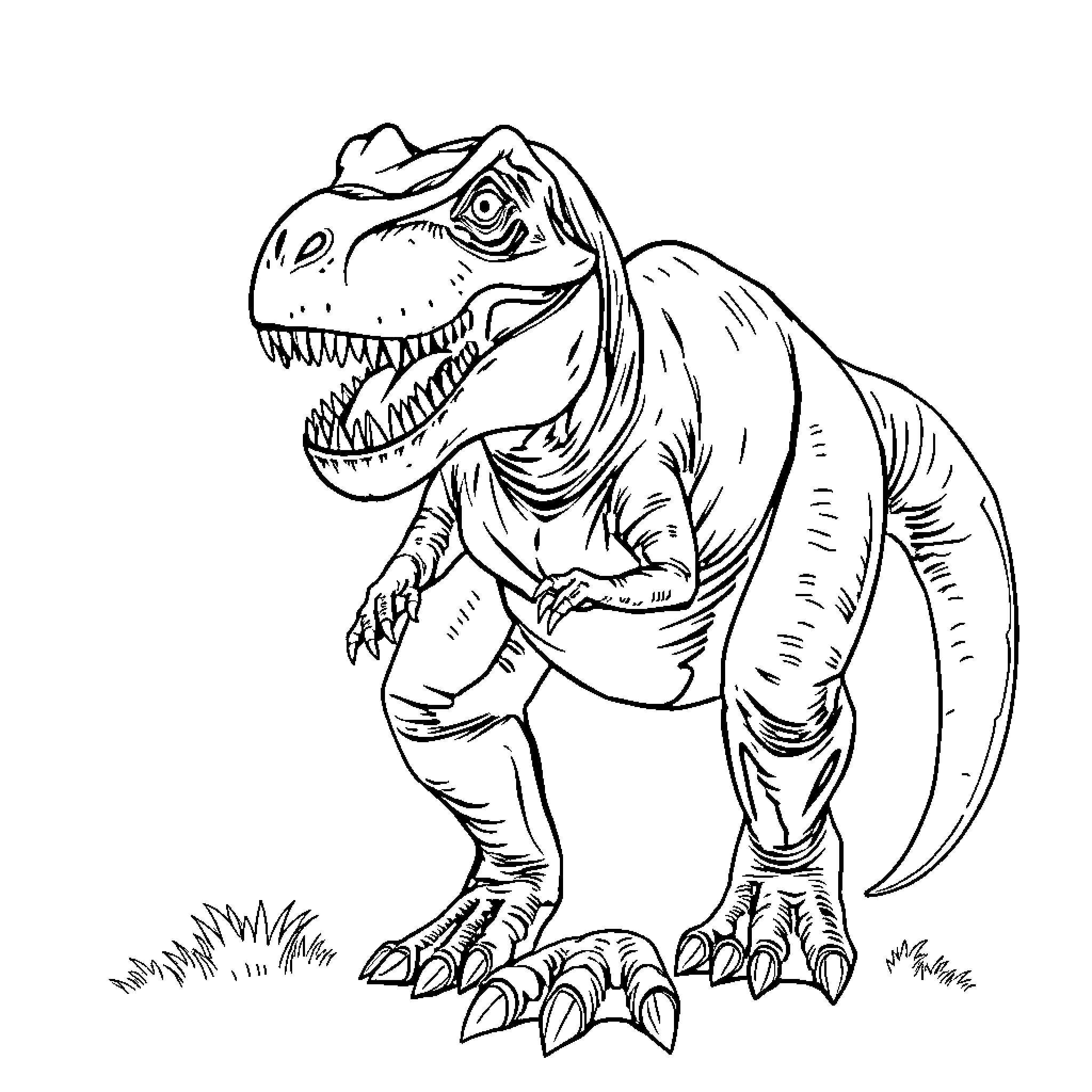 T-Rex Dinosaur Roaring in the Wild Coloring Page (free black-and-white line drawing printable PDF for all, from beginners to advanced learners, including children, teens, adults, and seniors)