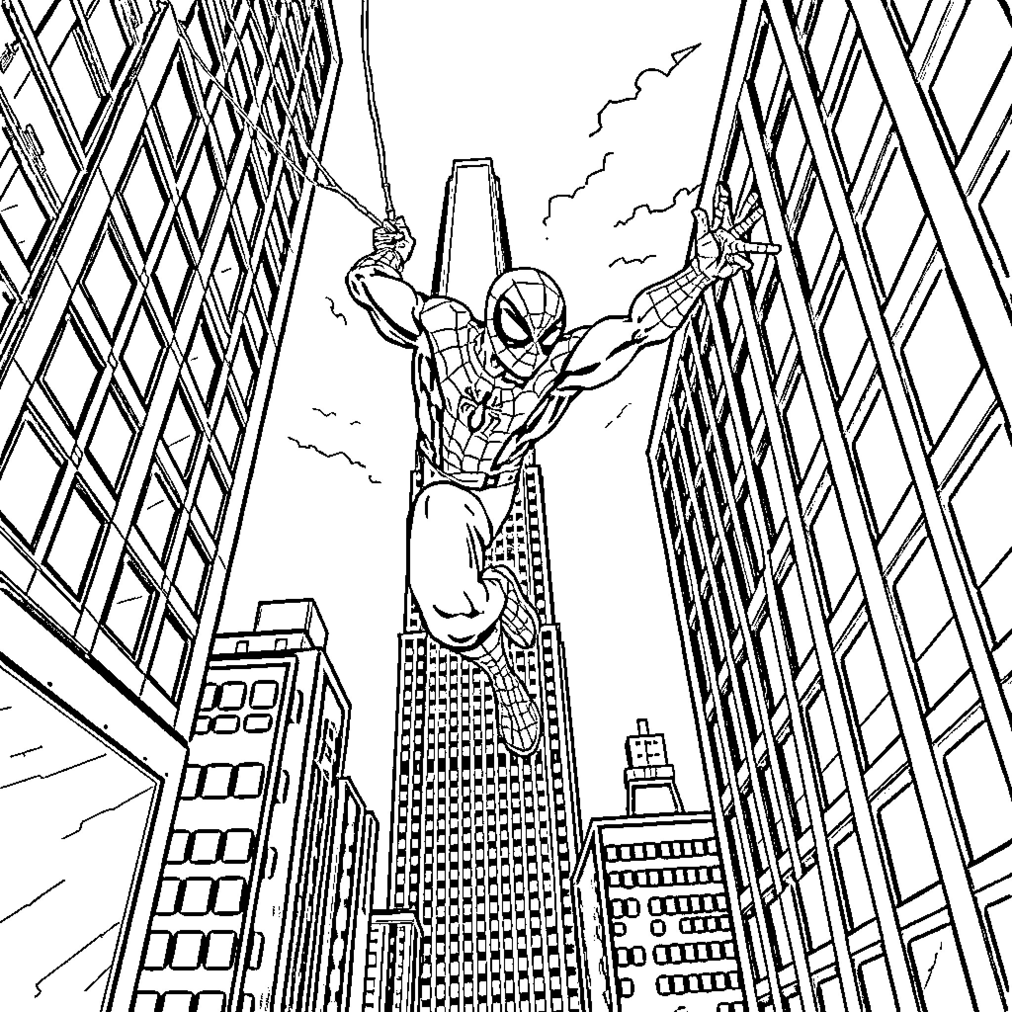 Spiderman swinging high above the city skyline Coloring Page (free black-and-white line drawing printable PDF for all, from beginners to advanced learners, including children, teens, adults, and seniors)