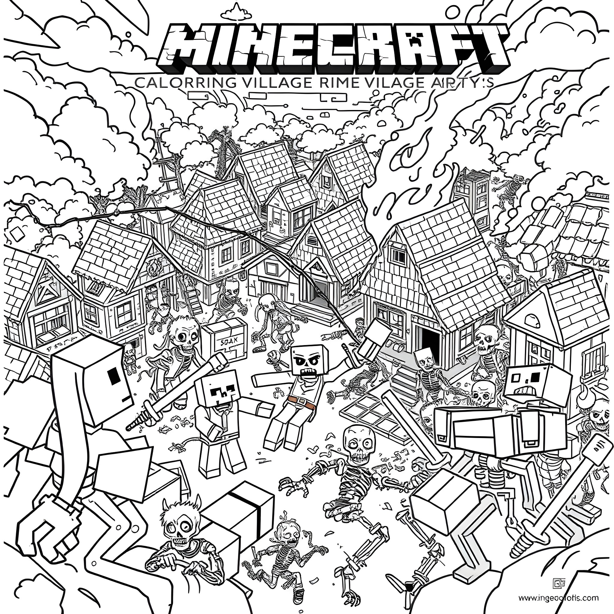 Minecraft Village with Lively Action and Variety Coloring Page (free black-and-white line drawing printable PDF for all, from beginners to advanced learners, including children, teens, adults, and seniors)