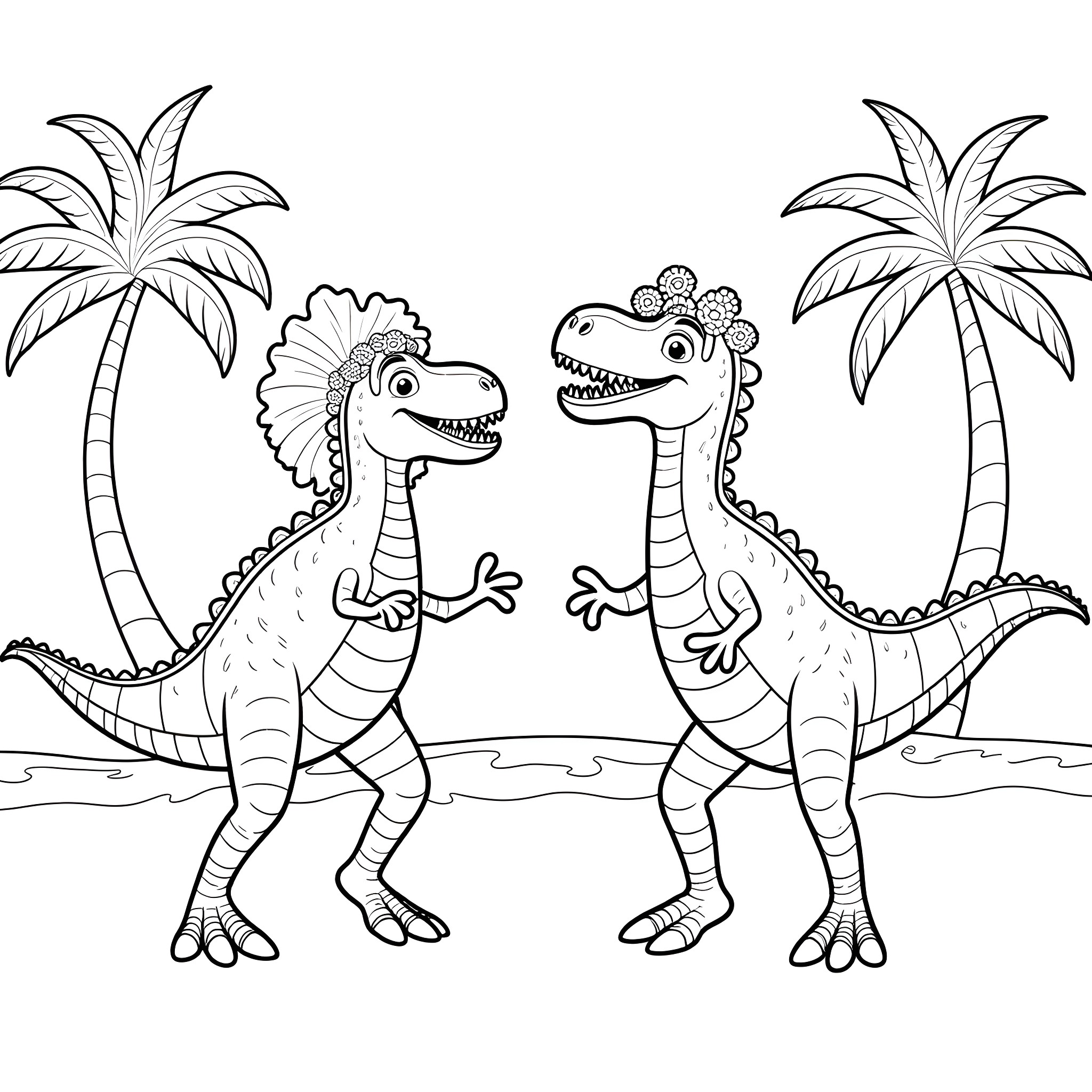 Dinosaurs playing together in tropical setting Coloring Page (free black-and-white line drawing printable PDF for all, from beginners to advanced learners, including children, teens, adults, and seniors)
