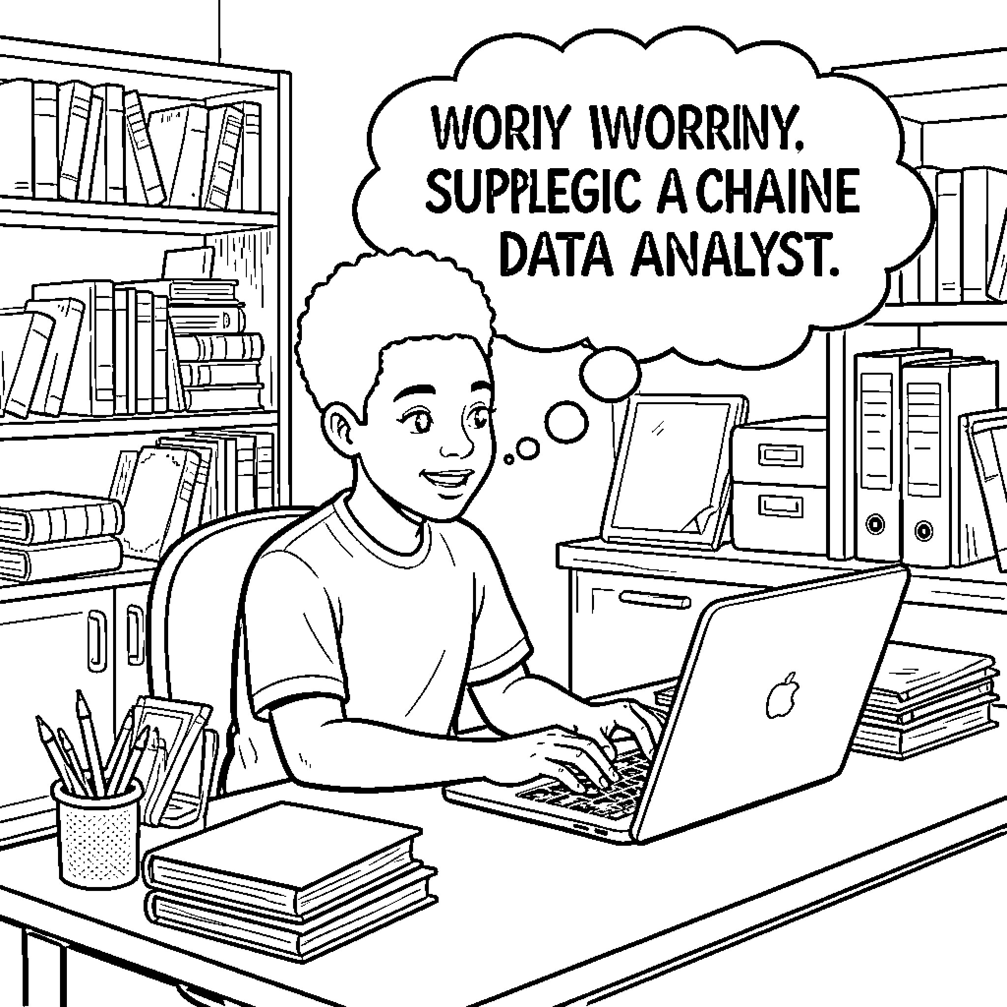 Ghanaian boy dreaming of becoming a data analyst Coloring Page (free black-and-white line drawing printable PDF for all, from beginners to advanced learners, including children, teens, adults, and seniors)