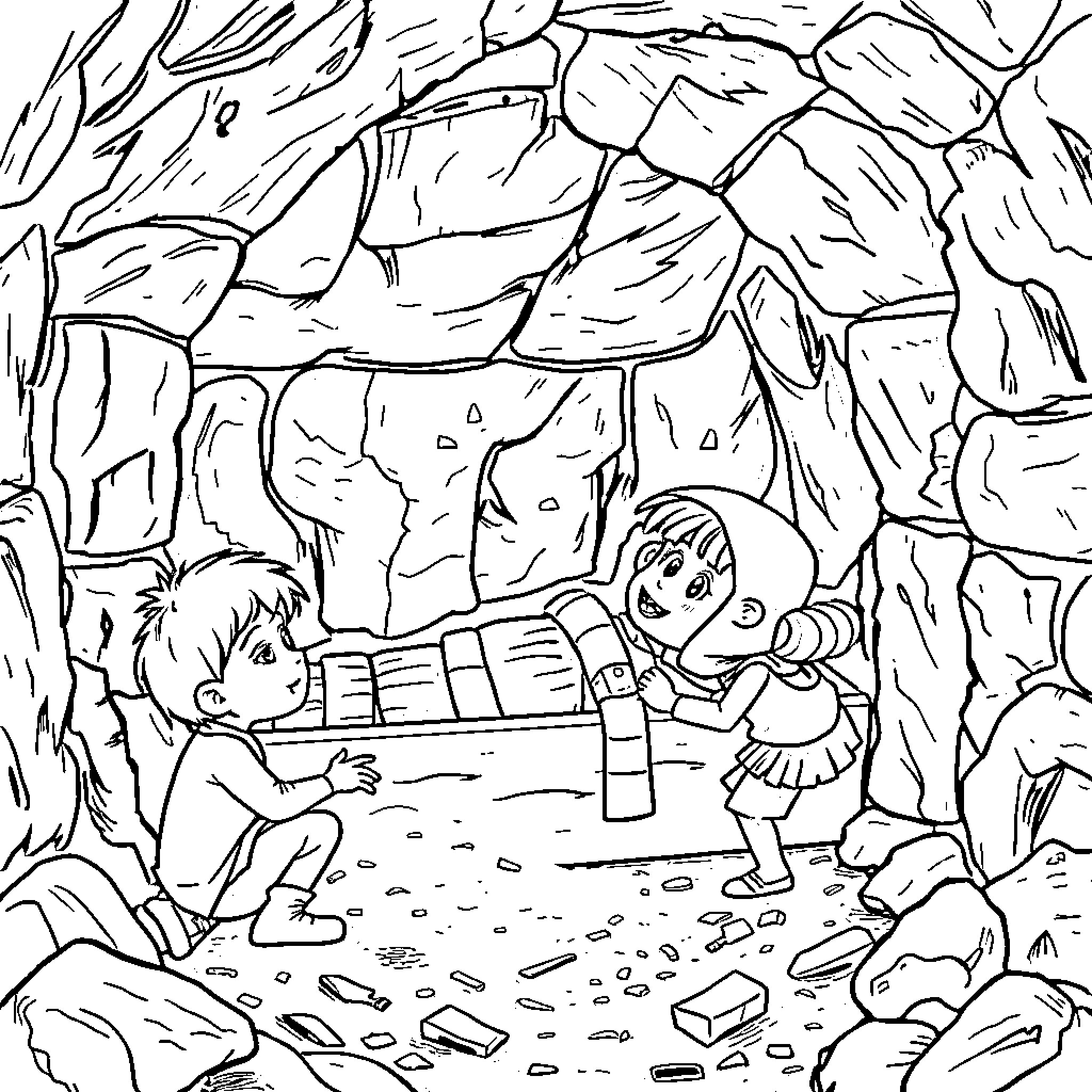 Child explorers investigating mysterious cave formation Coloring Page (free black-and-white line drawing printable PDF for all, from beginners to advanced learners, including children, teens, adults, and seniors)