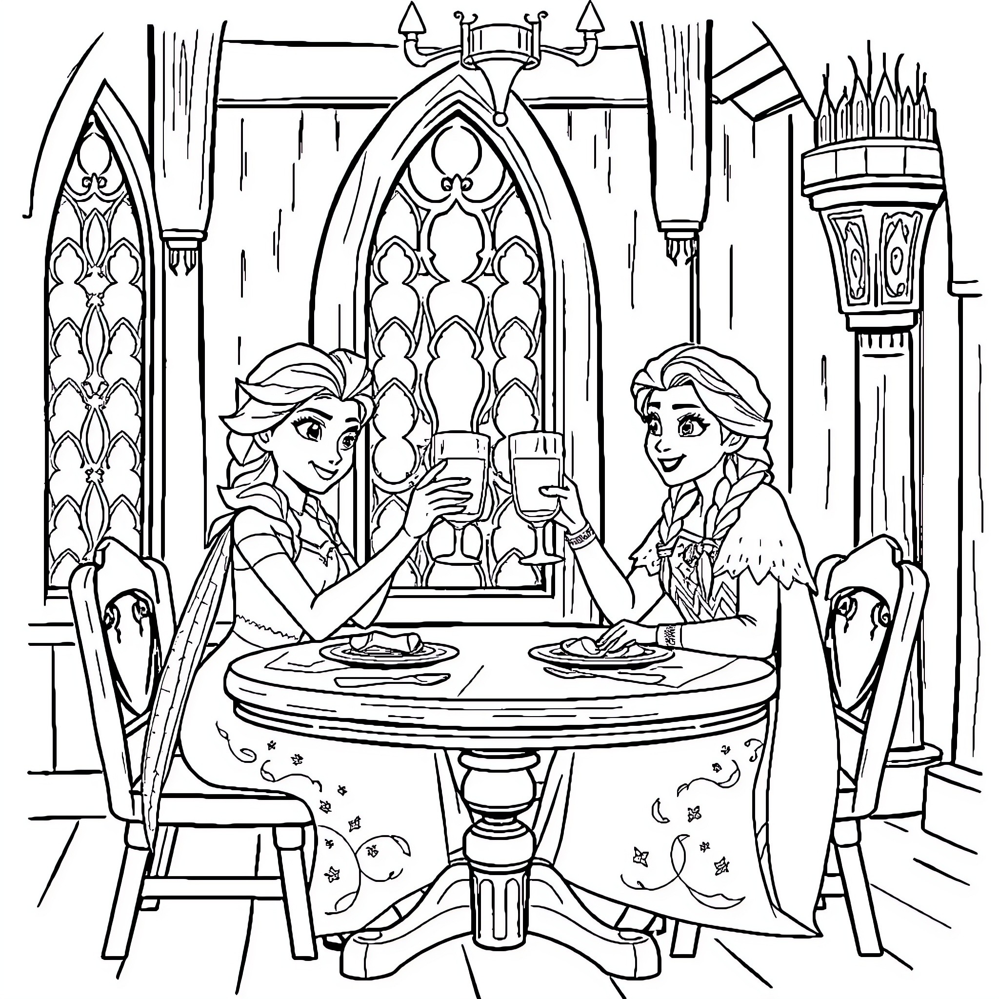 Elsa and Anna dining in a castle Coloring Page (free black-and-white line drawing printable PDF for all, from beginners to advanced learners, including children, teens, adults, and seniors)