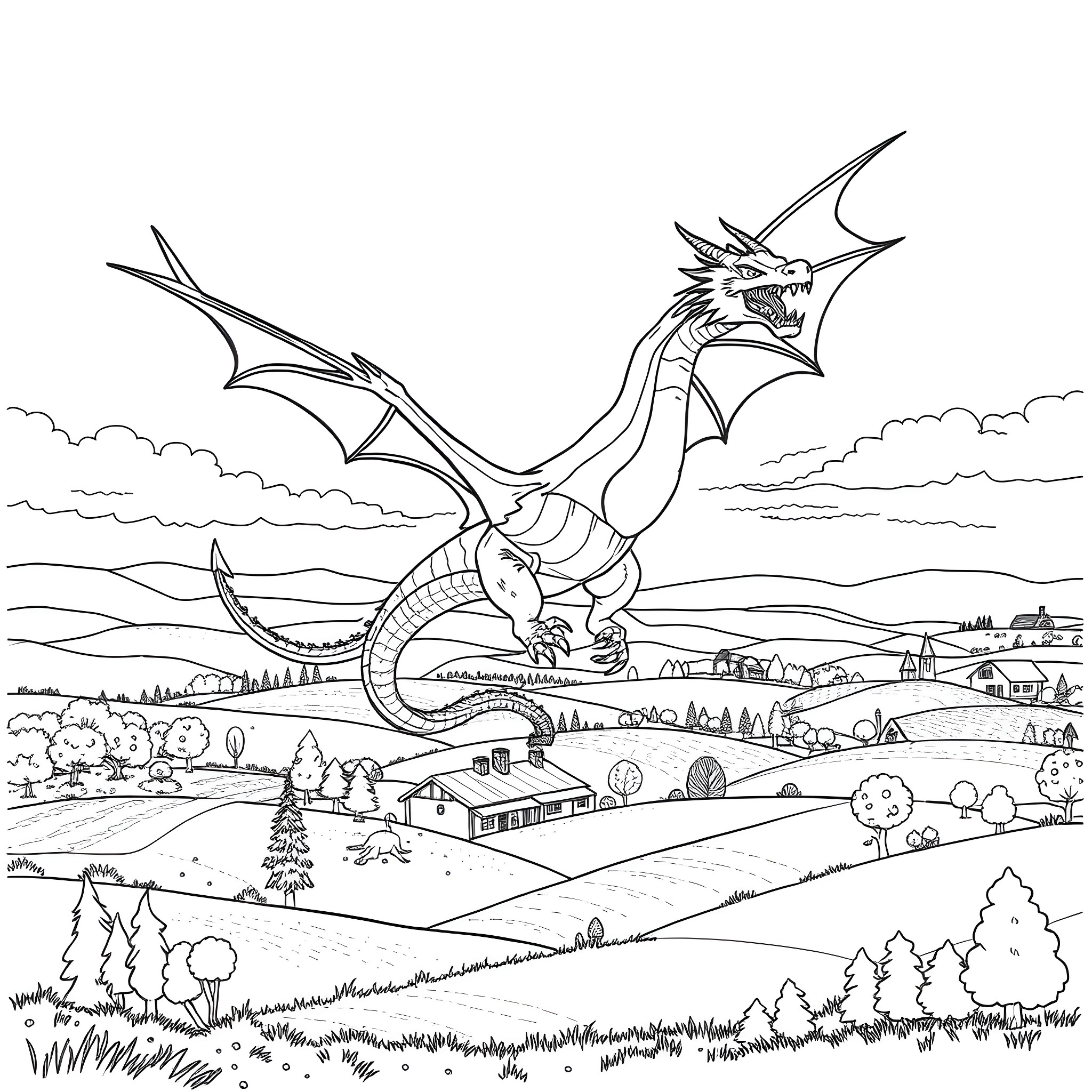 Ender Dragon soaring over a fantasy landscape Coloring Page (free black-and-white line drawing printable PDF for all, from beginners to advanced learners, including children, teens, adults, and seniors)
