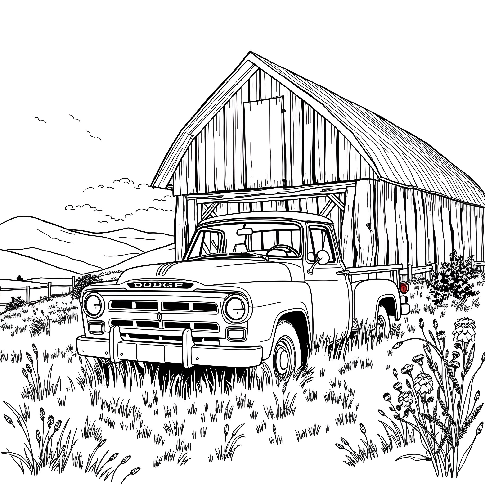 Dodge Pickup parked in front of a rustic barn Coloring Page (free black-and-white line drawing printable PDF for all, from beginners to advanced learners, including children, teens, adults, and seniors)