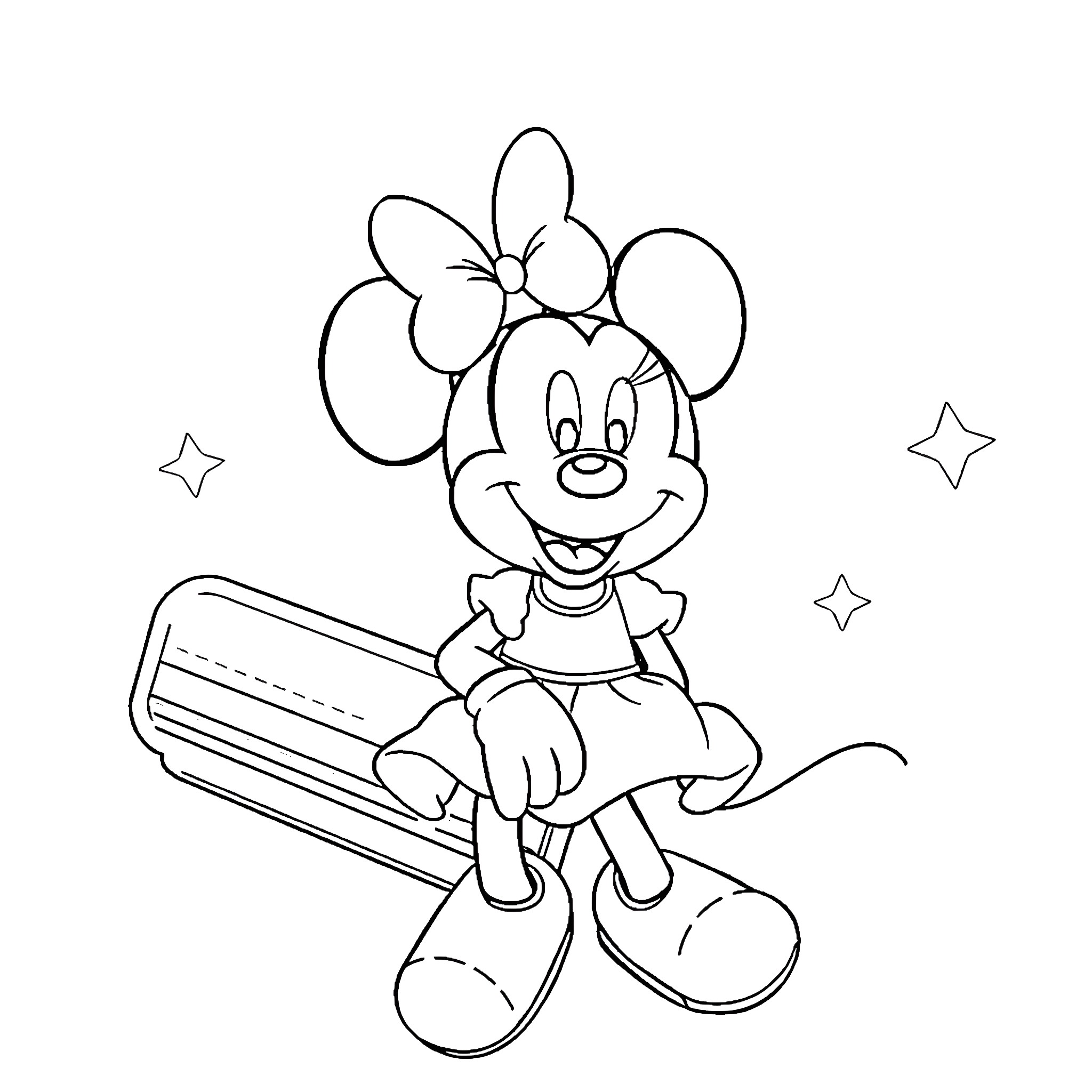 Mickey Mouse smiling and sitting on a pencil Coloring Page (free black-and-white line drawing printable PDF for all, from beginners to advanced learners, including children, teens, adults, and seniors)