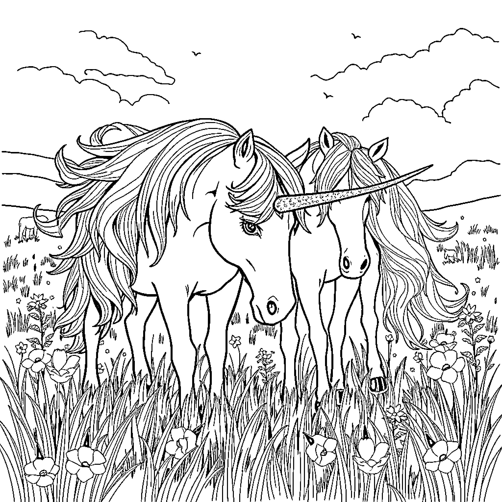Unicorn pair exploring enchanted meadow Coloring Page (free black-and-white line drawing printable PDF for all, from beginners to advanced learners, including children, teens, adults, and seniors)
