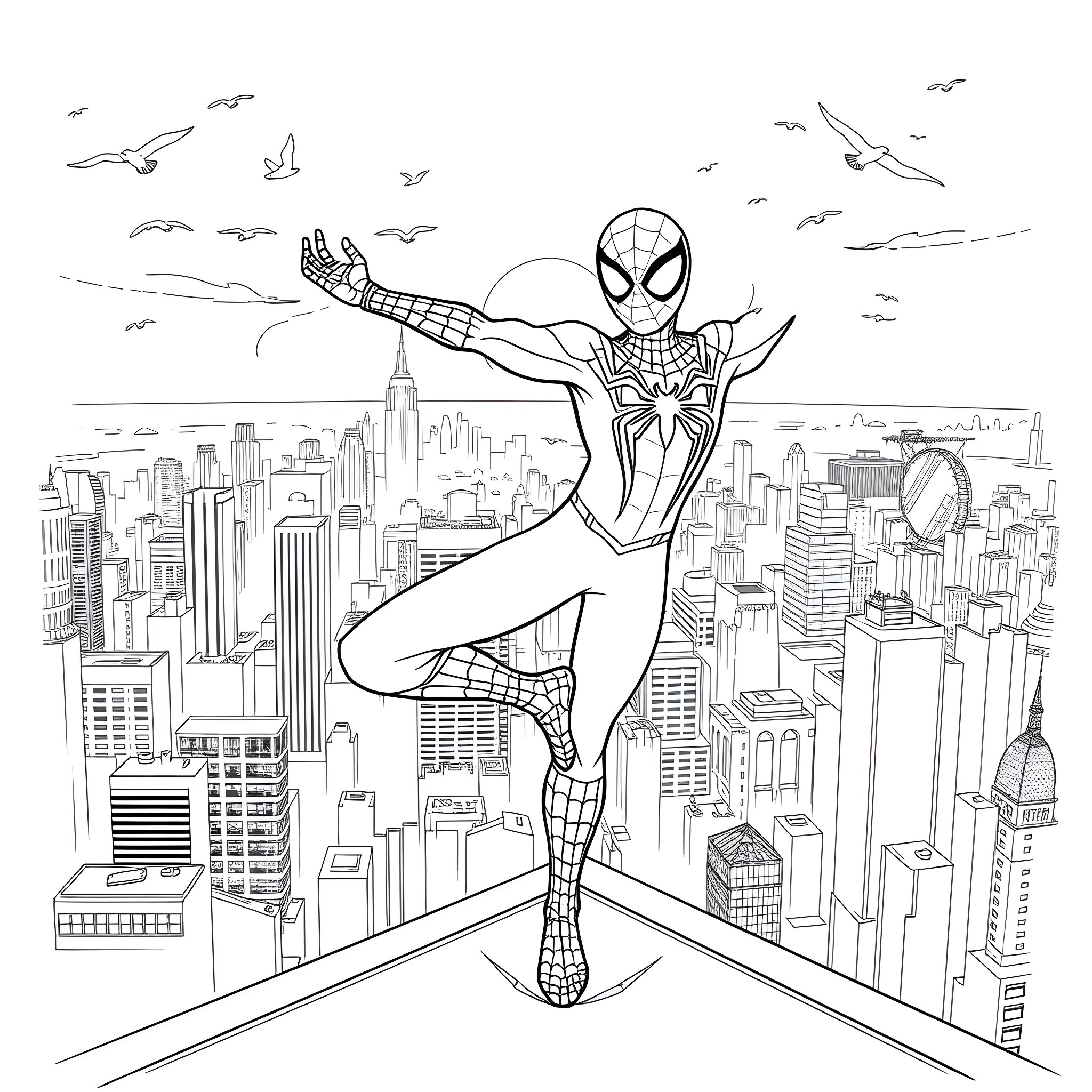 Spider-Man swinging through the city skyline Coloring Page (free black-and-white line drawing printable PDF for all, from beginners to advanced learners, including children, teens, adults, and seniors)