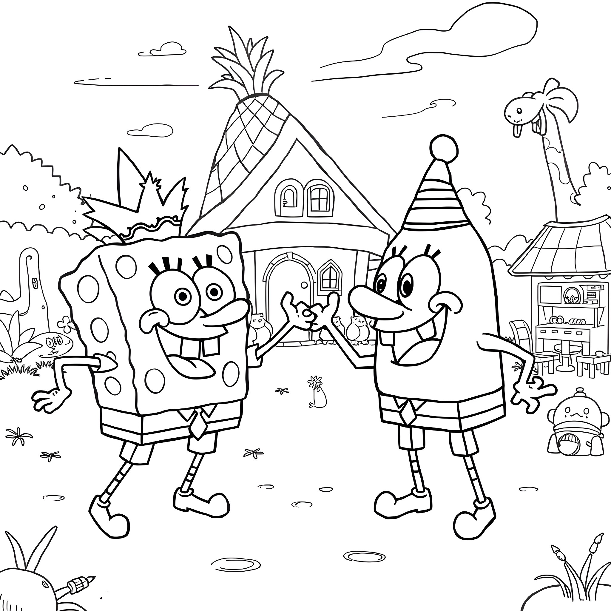 Spongebob and Patrick exploring a tropical village Coloring Page (free black-and-white line drawing printable PDF for all, from beginners to advanced learners, including children, teens, adults, and seniors)