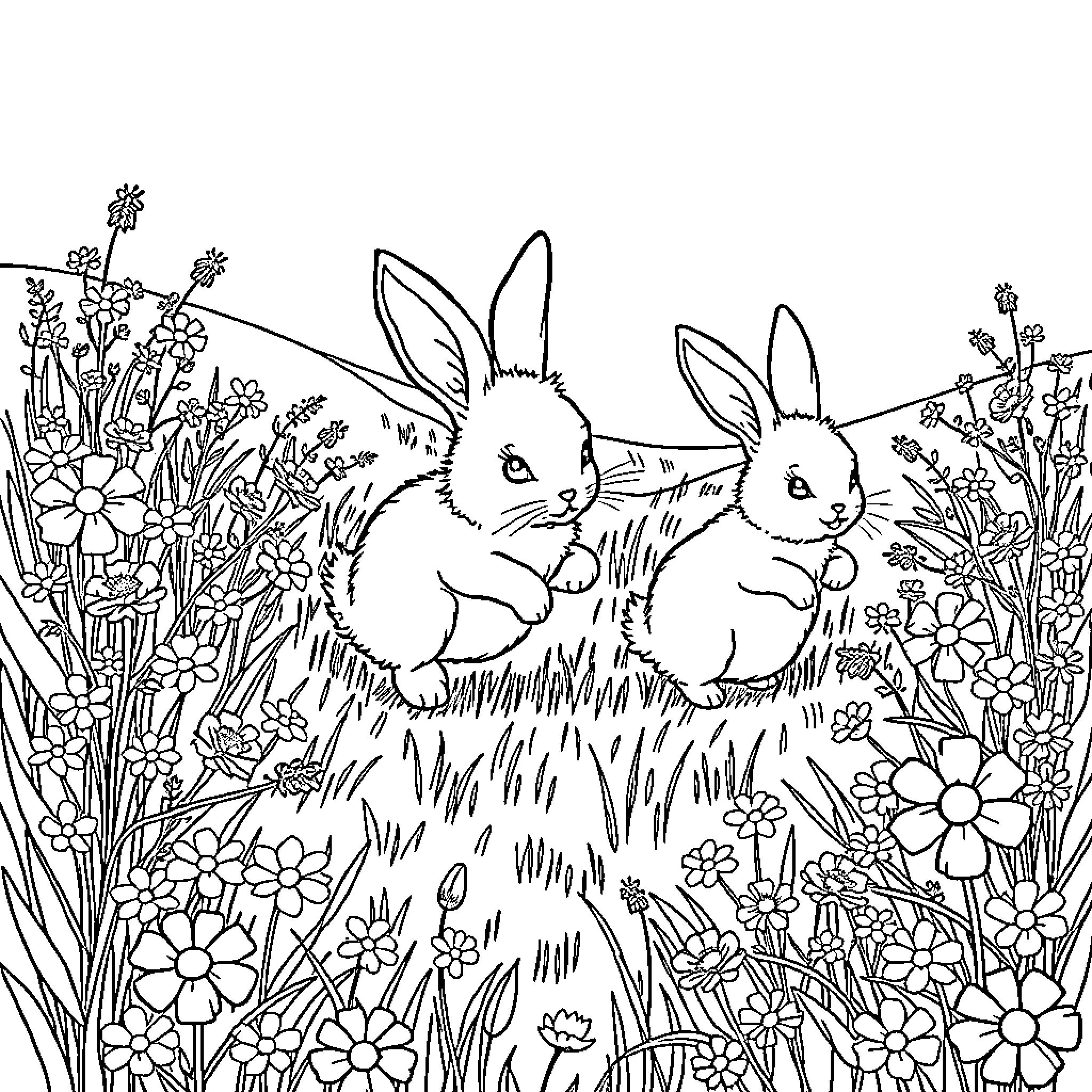 Bunny Rabbits Playing in Floral Garden Coloring Page (free black-and-white line drawing printable PDF for all, from beginners to advanced learners, including children, teens, adults, and seniors)
