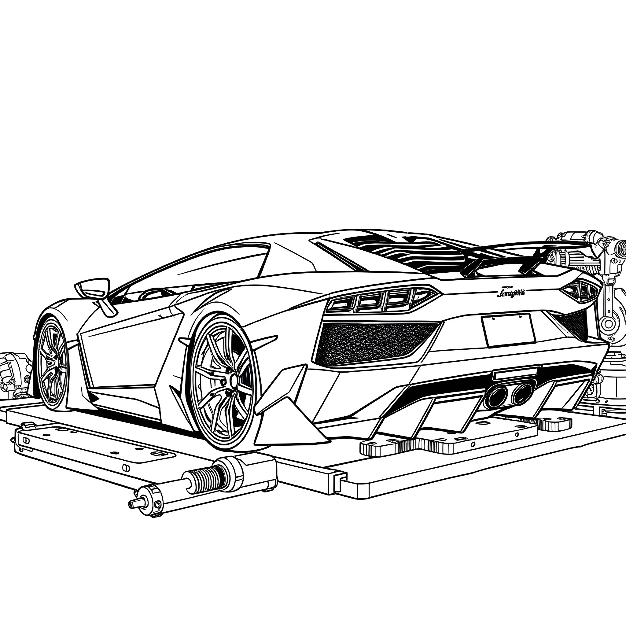 Lamborghini sports car under maintenance and repair Coloring Page (free black-and-white line drawing printable PDF for all, from beginners to advanced learners, including children, teens, adults, and seniors)